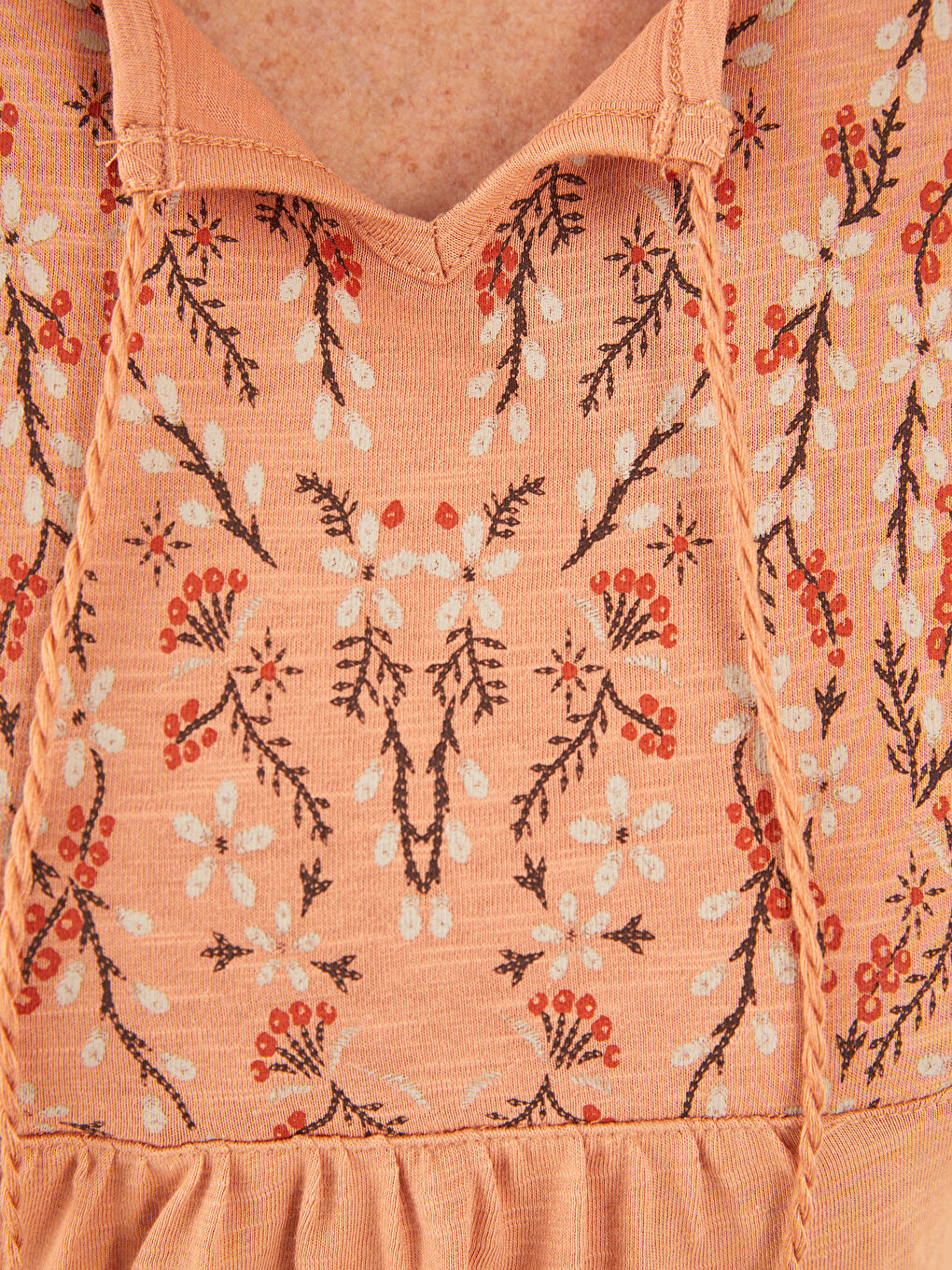 Turuncu Bağlamalı Yaka Desenli Uzun Kollu Pamuklu Kadın Bluz-2