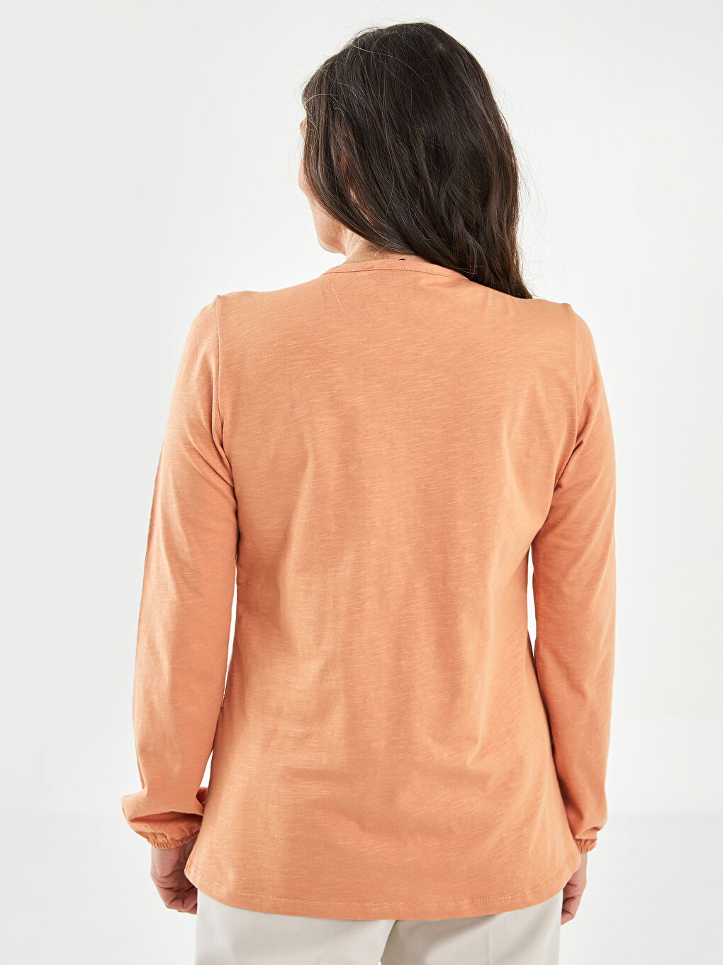 Turuncu Bağlamalı Yaka Desenli Uzun Kollu Pamuklu Kadın Bluz-4