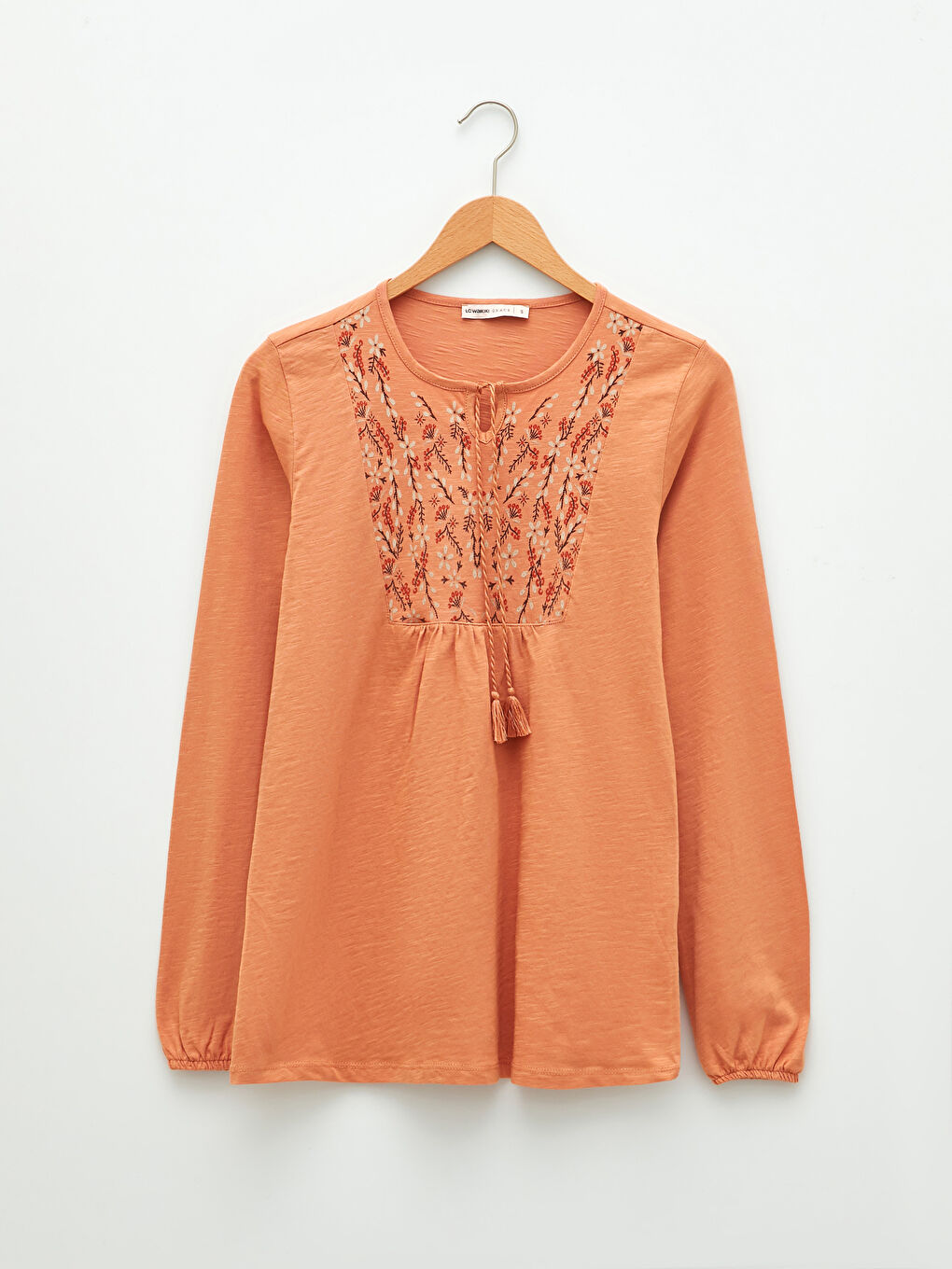 Turuncu Bağlamalı Yaka Desenli Uzun Kollu Pamuklu Kadın Bluz-5