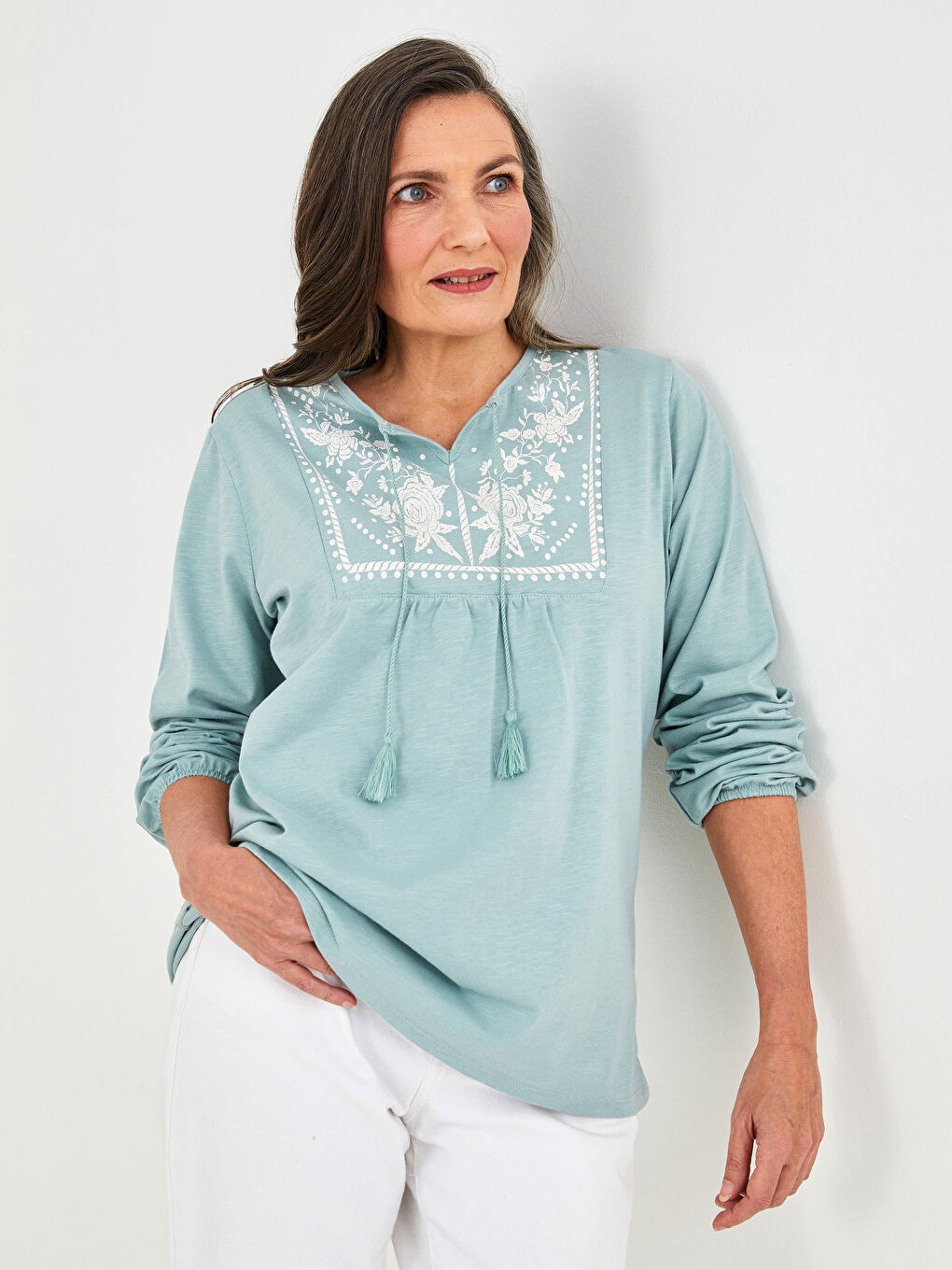 Haki Bağlamalı Yaka Desenli Uzun Kollu Pamuklu Kadın Bluz