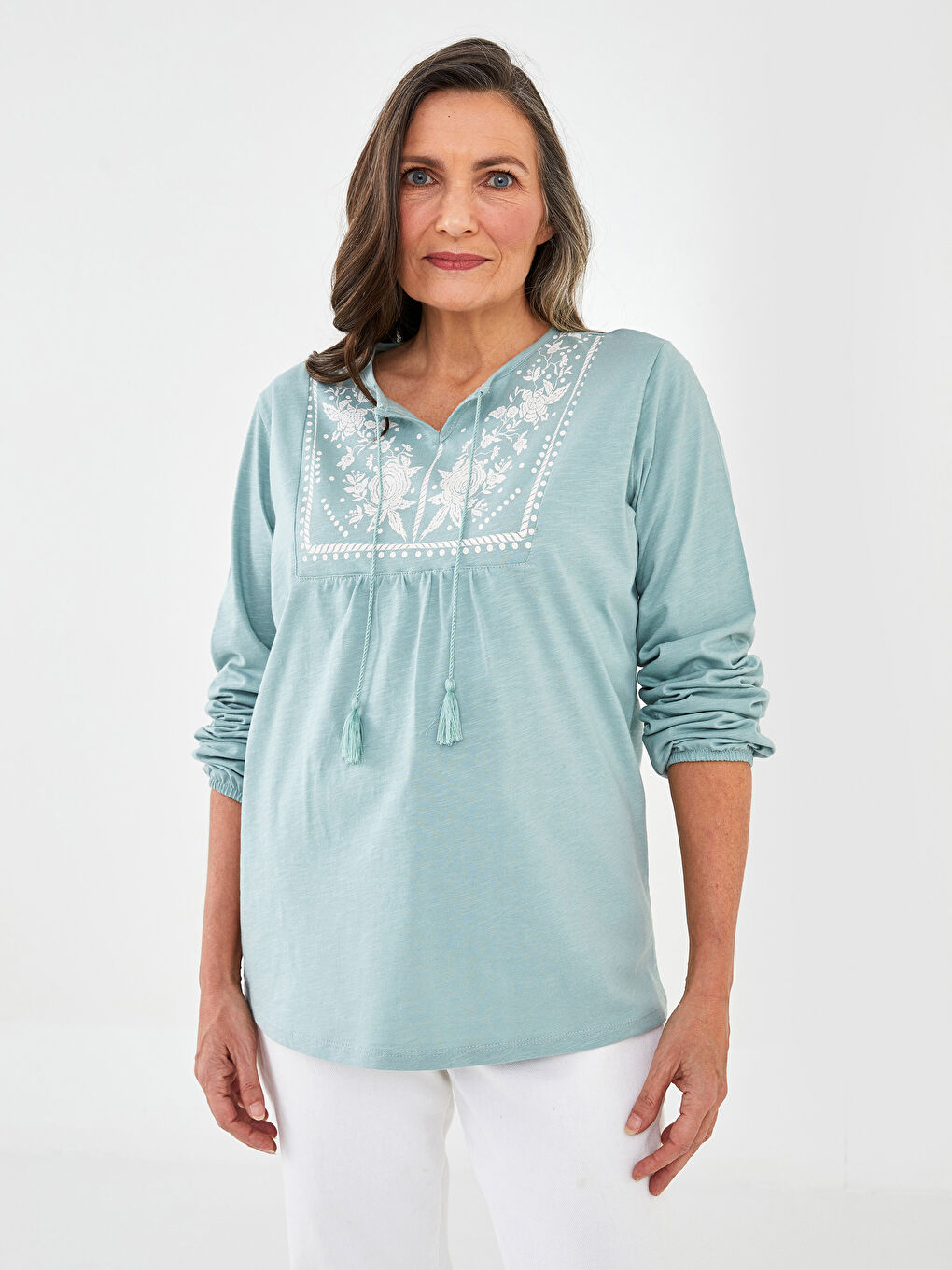 Haki Bağlamalı Yaka Desenli Uzun Kollu Pamuklu Kadın Bluz-1