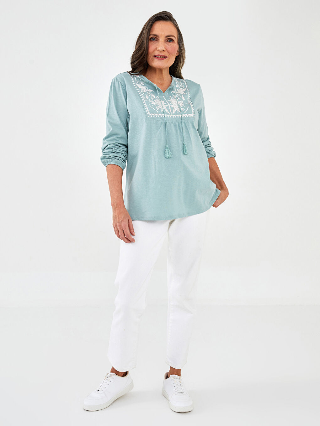 Haki Bağlamalı Yaka Desenli Uzun Kollu Pamuklu Kadın Bluz-2