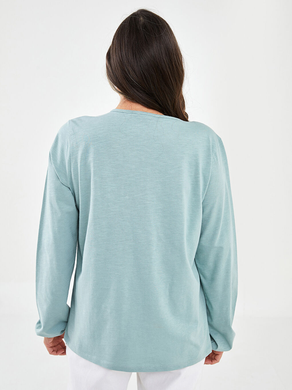 Haki Bağlamalı Yaka Desenli Uzun Kollu Pamuklu Kadın Bluz-4