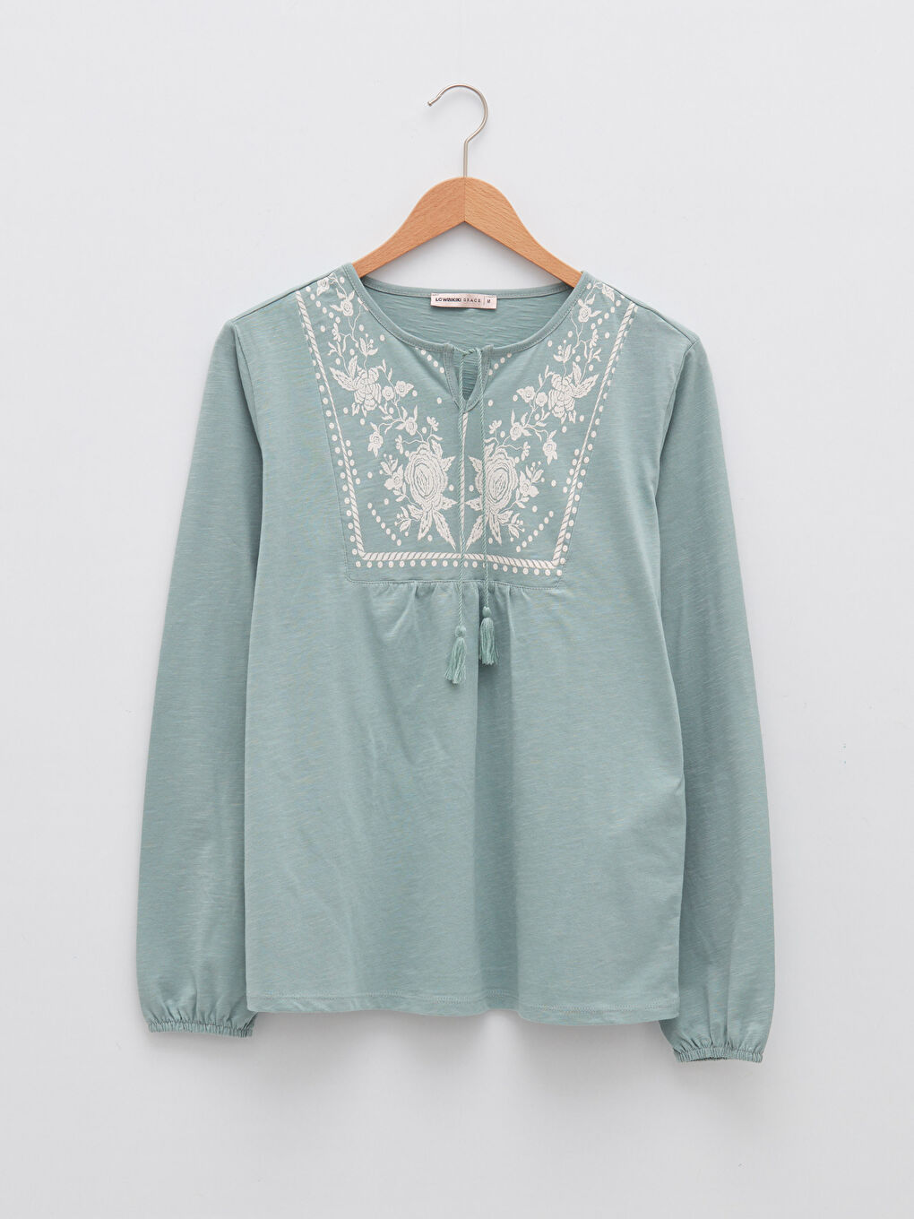 Haki Bağlamalı Yaka Desenli Uzun Kollu Pamuklu Kadın Bluz-5