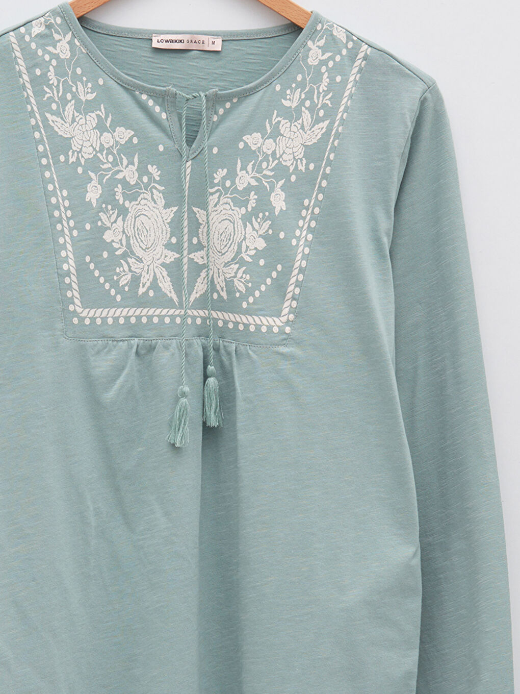 Haki Bağlamalı Yaka Desenli Uzun Kollu Pamuklu Kadın Bluz-7