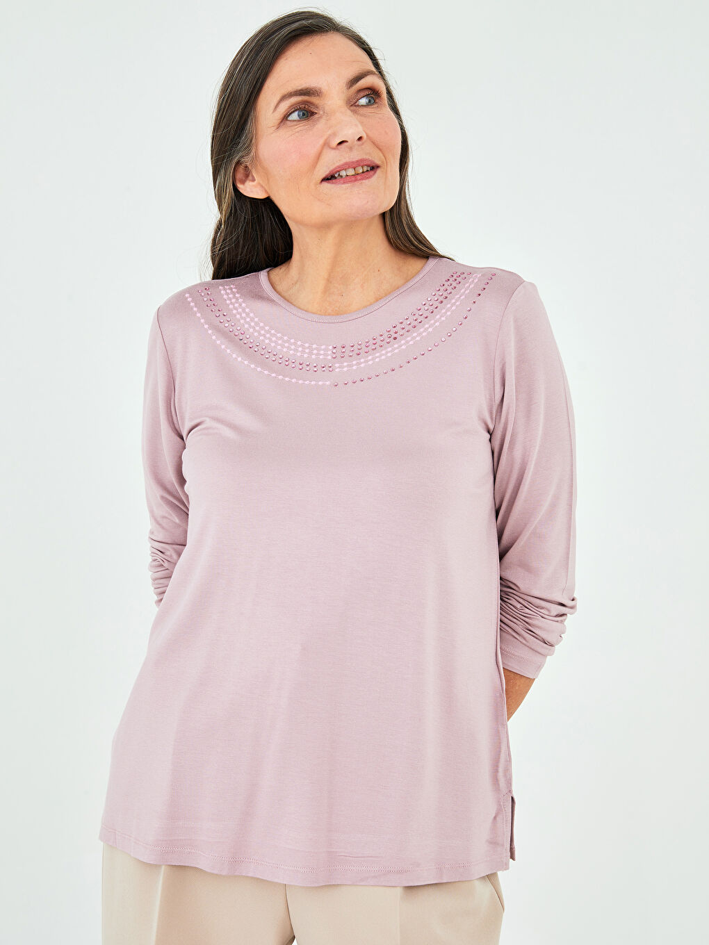 Crew Neck Embroidered Long Sleeve Viscose Women's Blouse-1