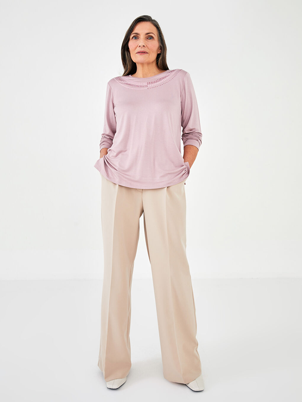 Crew Neck Embroidered Long Sleeve Viscose Women's Blouse-2