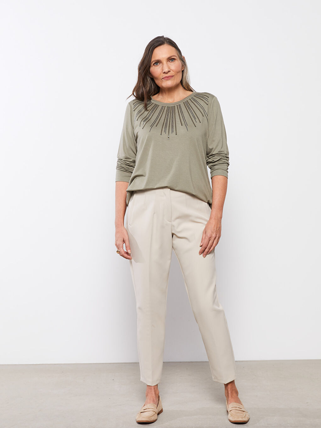 Crew Neck Embroidered Long Sleeve Viscose Women's Blouse-1