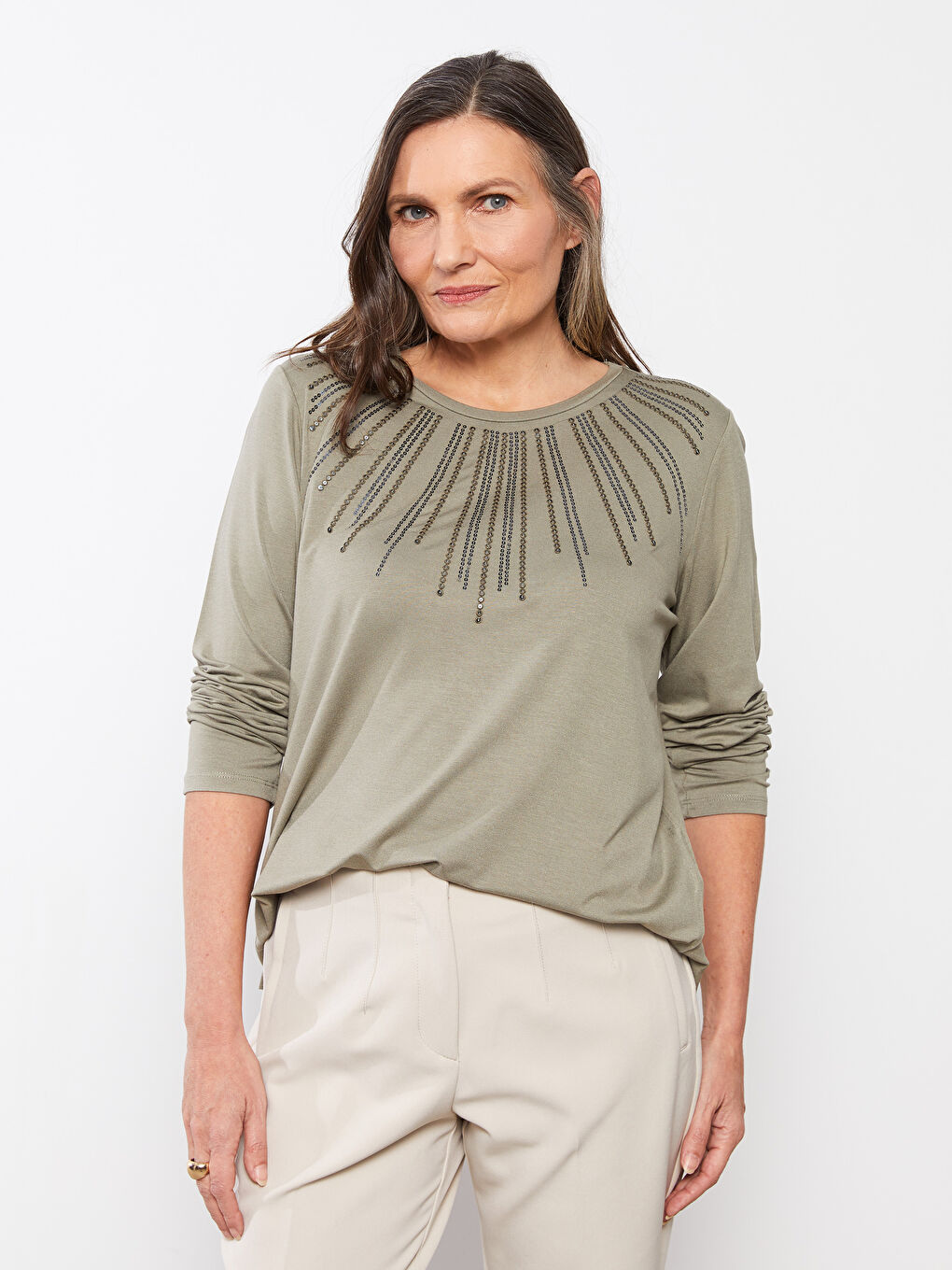 Crew Neck Embroidered Long Sleeve Viscose Women's Blouse-2