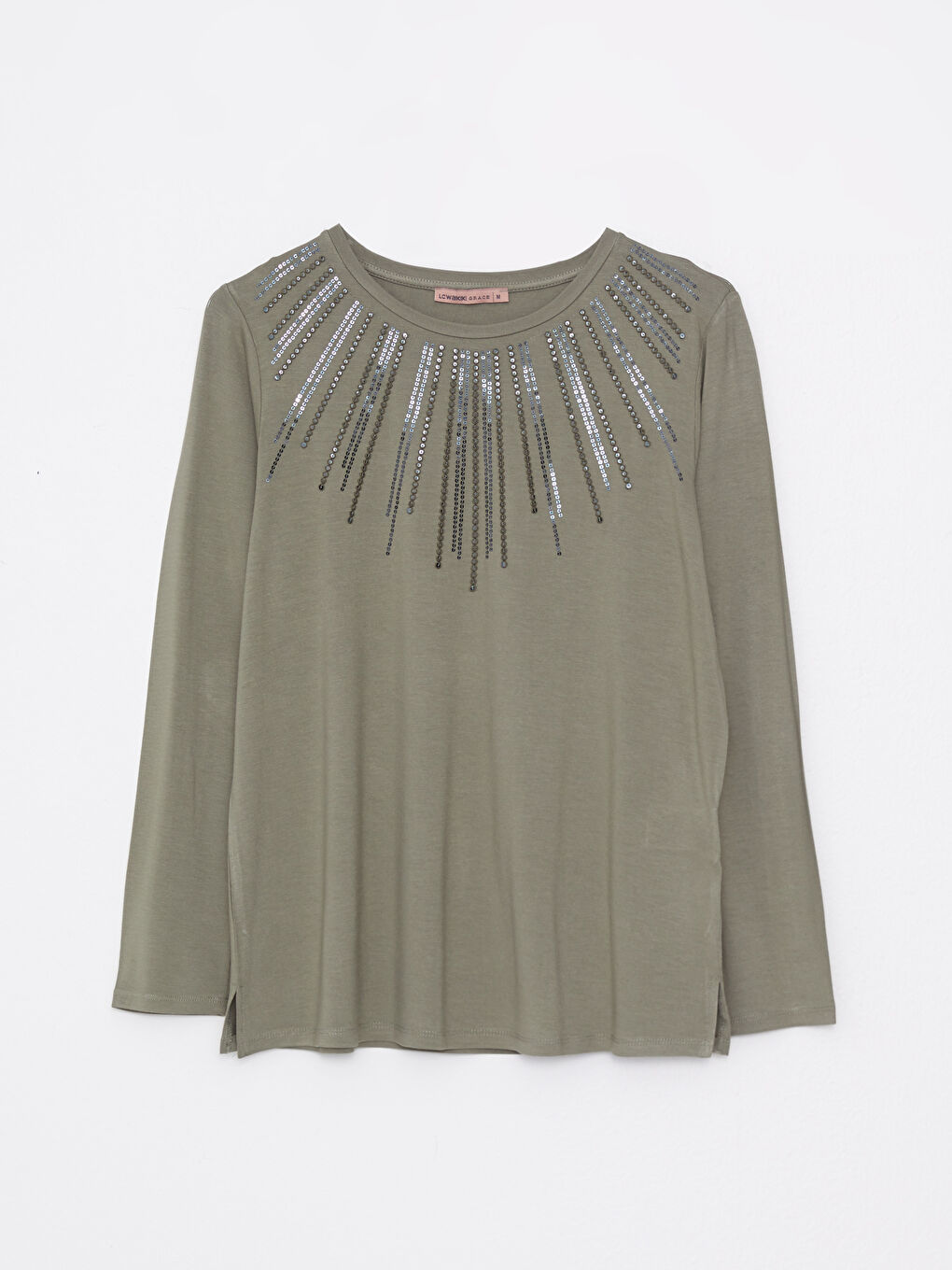 Crew Neck Embroidered Long Sleeve Viscose Women's Blouse-5