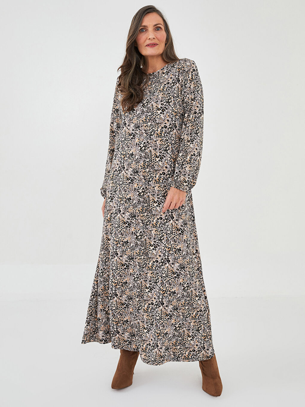 Crew Neck Patterned Long Sleeve Women's Dress -S25953Z8-LQB