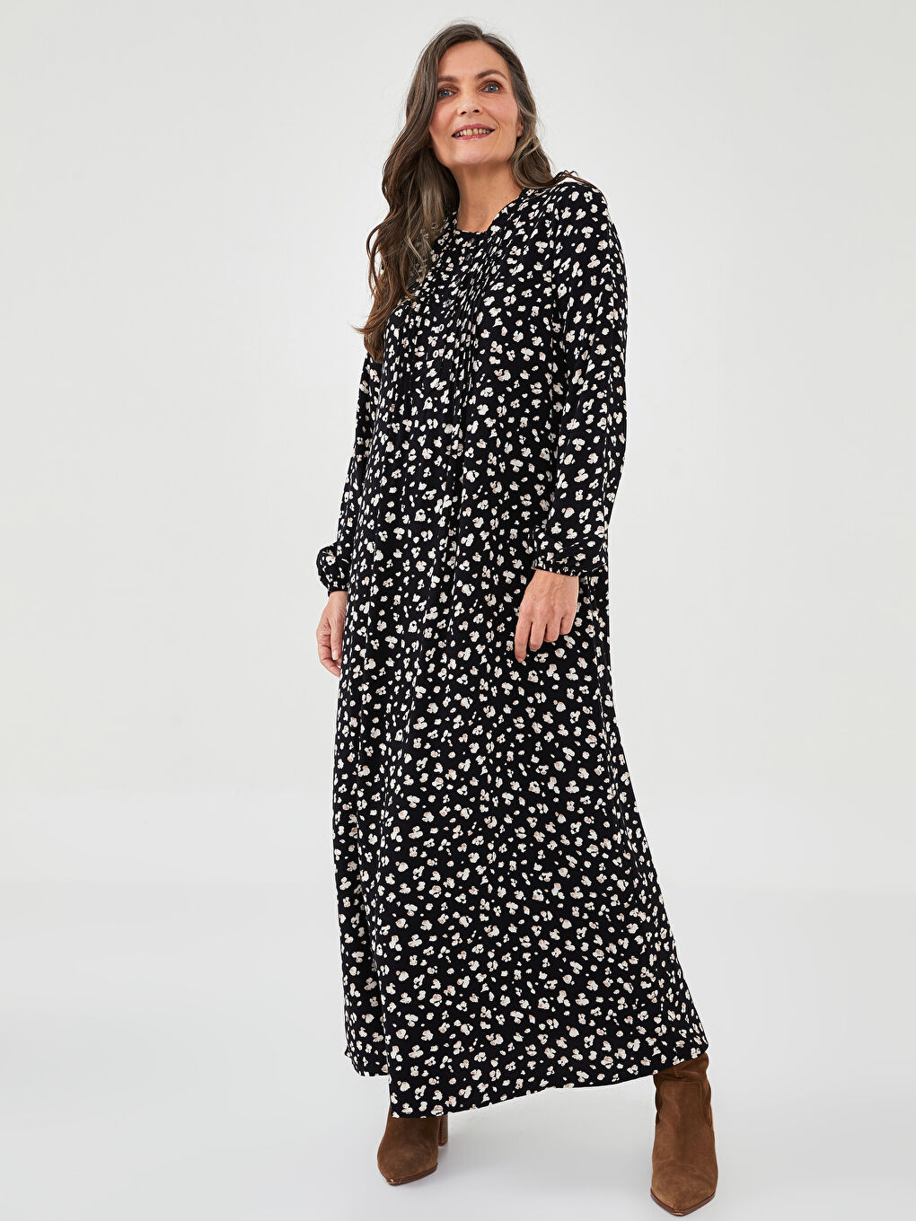 Crew Neck Patterned Long Sleeve A-Cut Belmando Fabric Women's Dress
