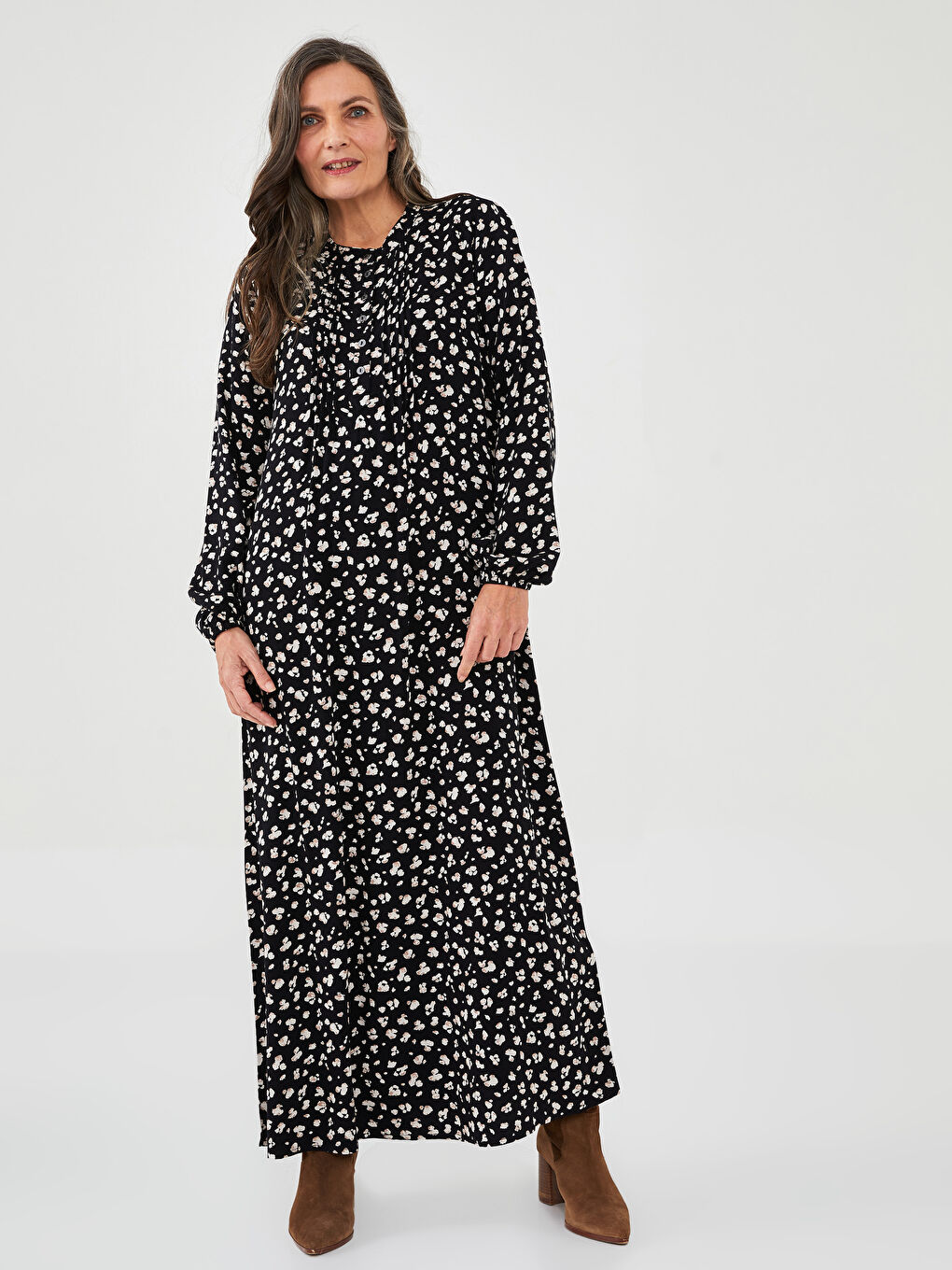 Crew Neck Patterned Long Sleeve A-Cut Belmando Fabric Women's Dress-1