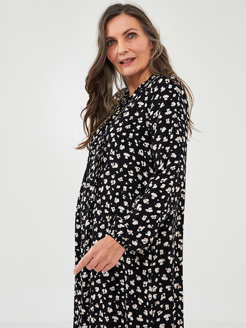 Crew Neck Patterned Long Sleeve A-Cut Belmando Fabric Women's Dress-3