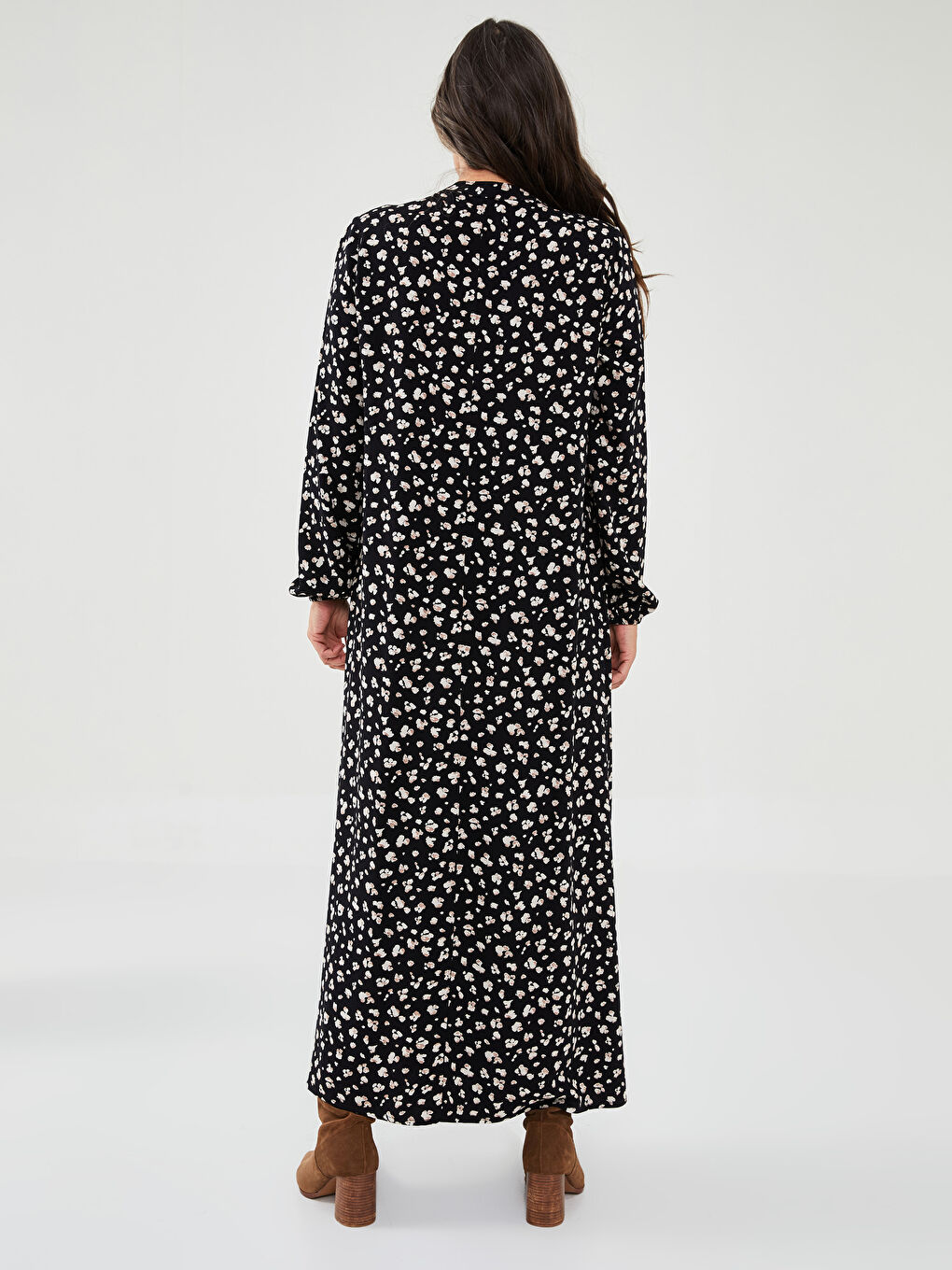 Crew Neck Patterned Long Sleeve A-Cut Belmando Fabric Women's Dress-4