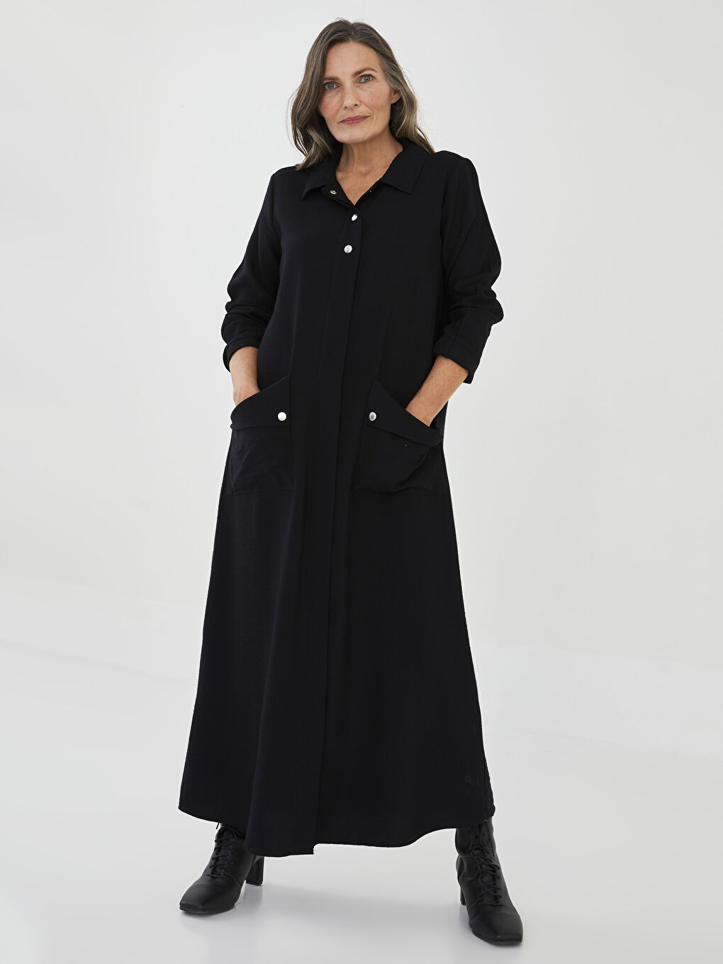 Siyah Gömlek Yaka Düz Uzun Kollu A Kesim Kadın Elbise