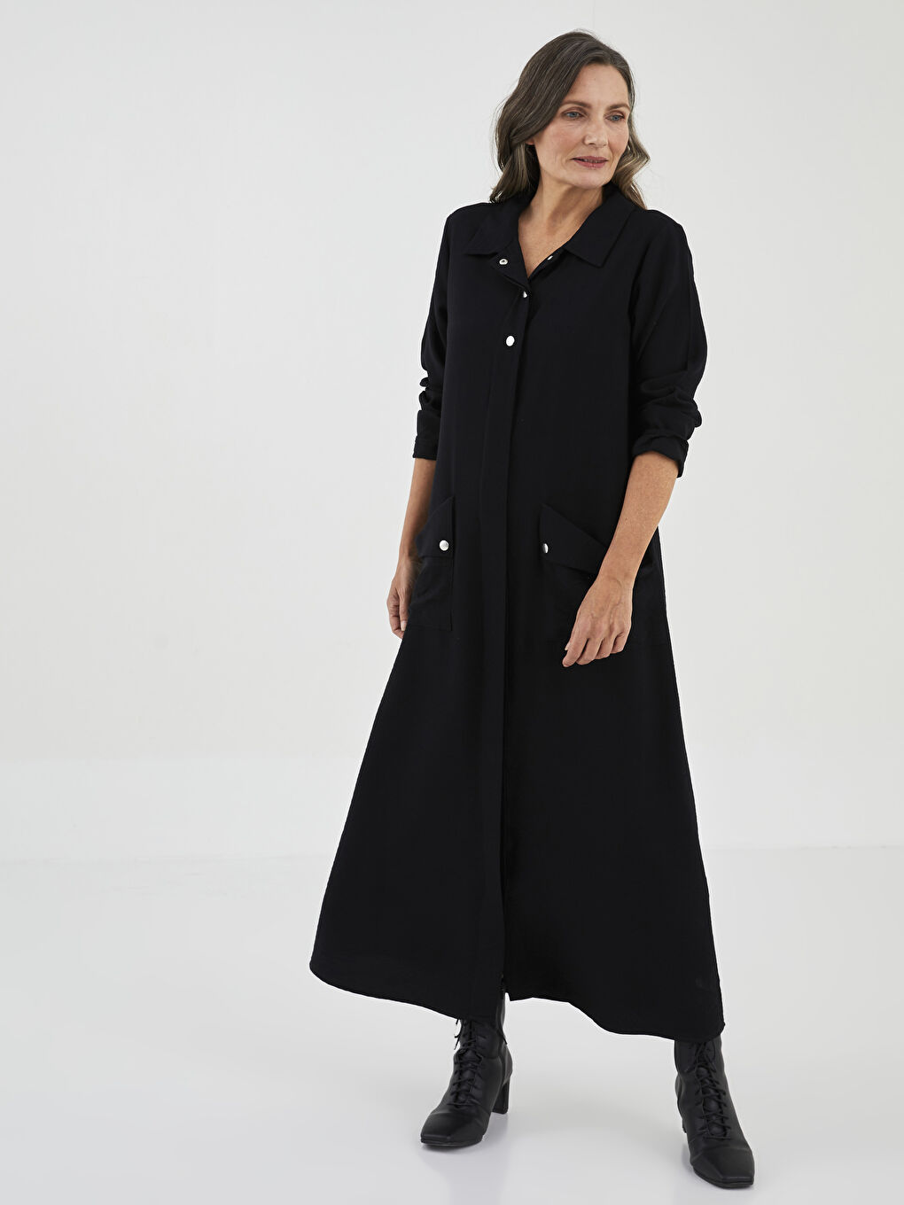 Siyah Gömlek Yaka Düz Uzun Kollu A Kesim Kadın Elbise-1
