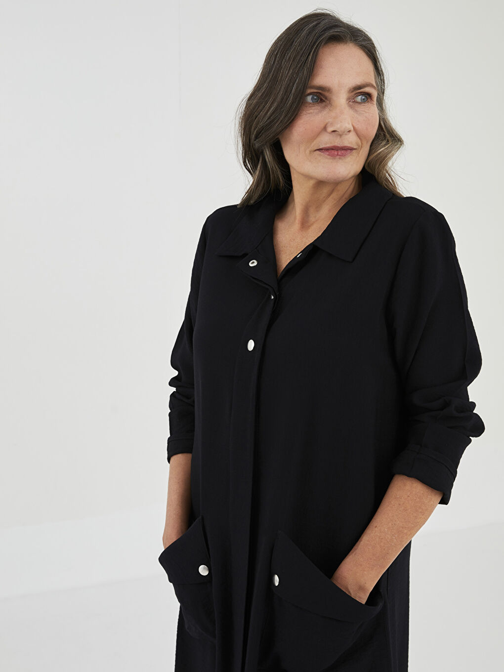 Siyah Gömlek Yaka Düz Uzun Kollu A Kesim Kadın Elbise-2