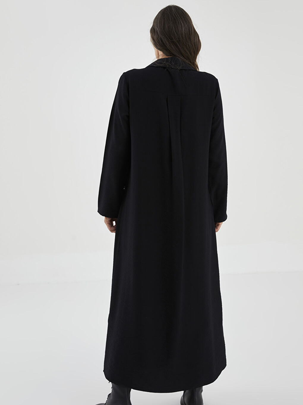 Siyah Gömlek Yaka Düz Uzun Kollu A Kesim Kadın Elbise-4