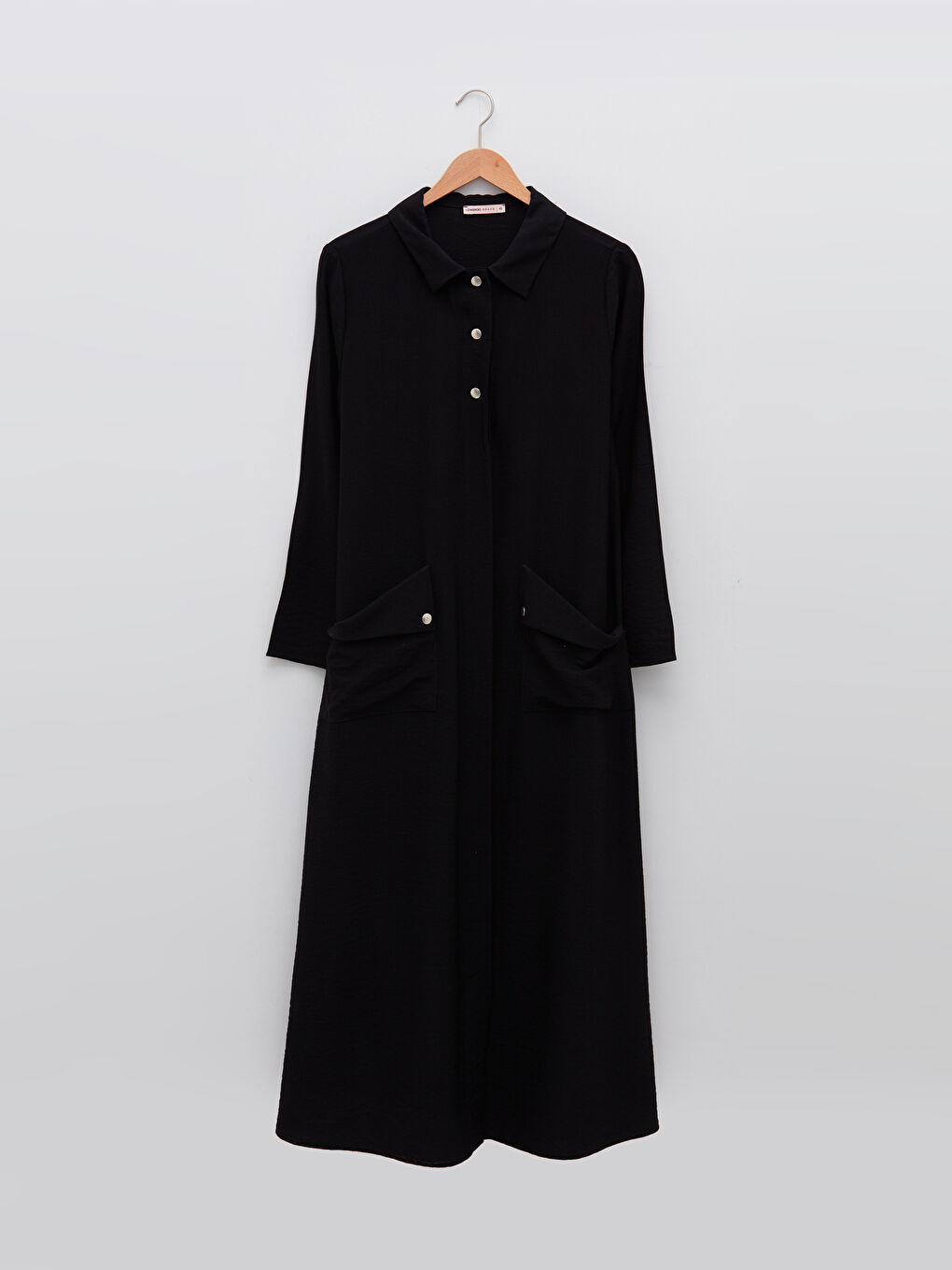 Siyah Gömlek Yaka Düz Uzun Kollu A Kesim Kadın Elbise-5