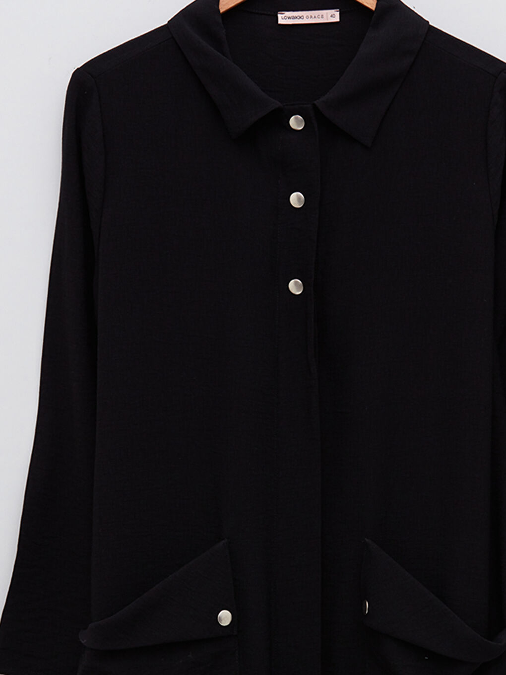 Siyah Gömlek Yaka Düz Uzun Kollu A Kesim Kadın Elbise-7