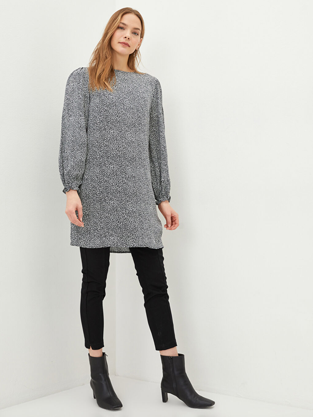 Rundhalsausschnitt Gemustert Langarm Viskose Tunika für Damen-1