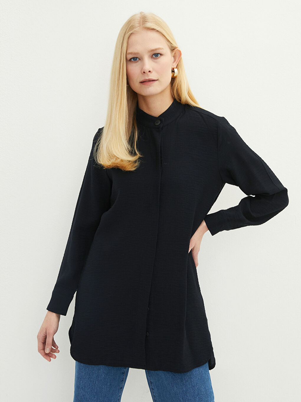 Großvaterkragen Langarm Crêpe Stoff Tunika für Damen-1