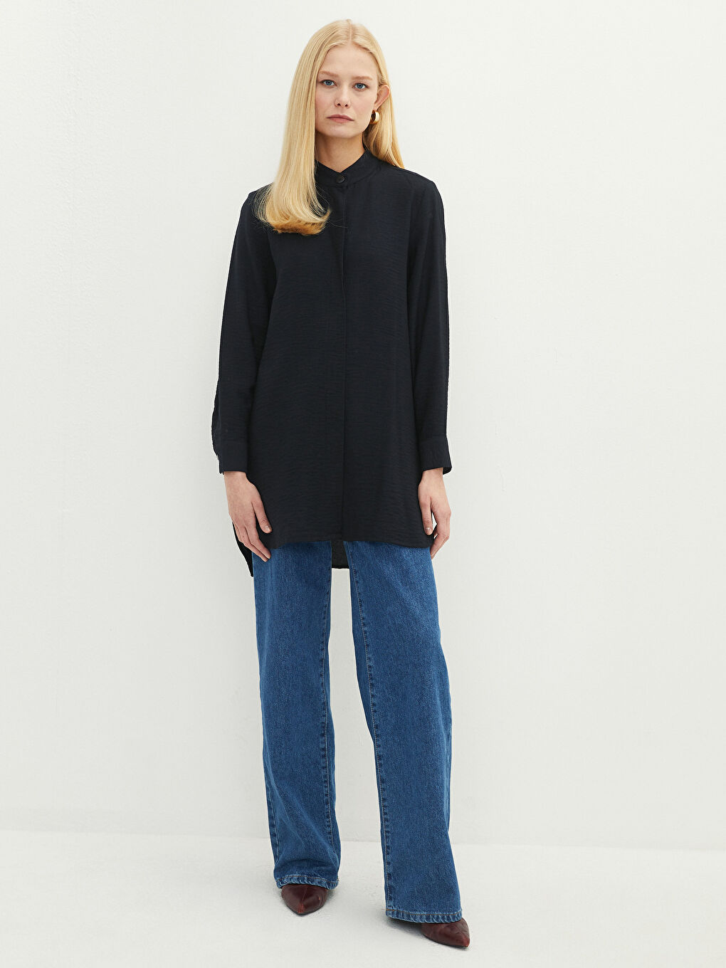 Großvaterkragen Langarm Crêpe Stoff Tunika für Damen-2