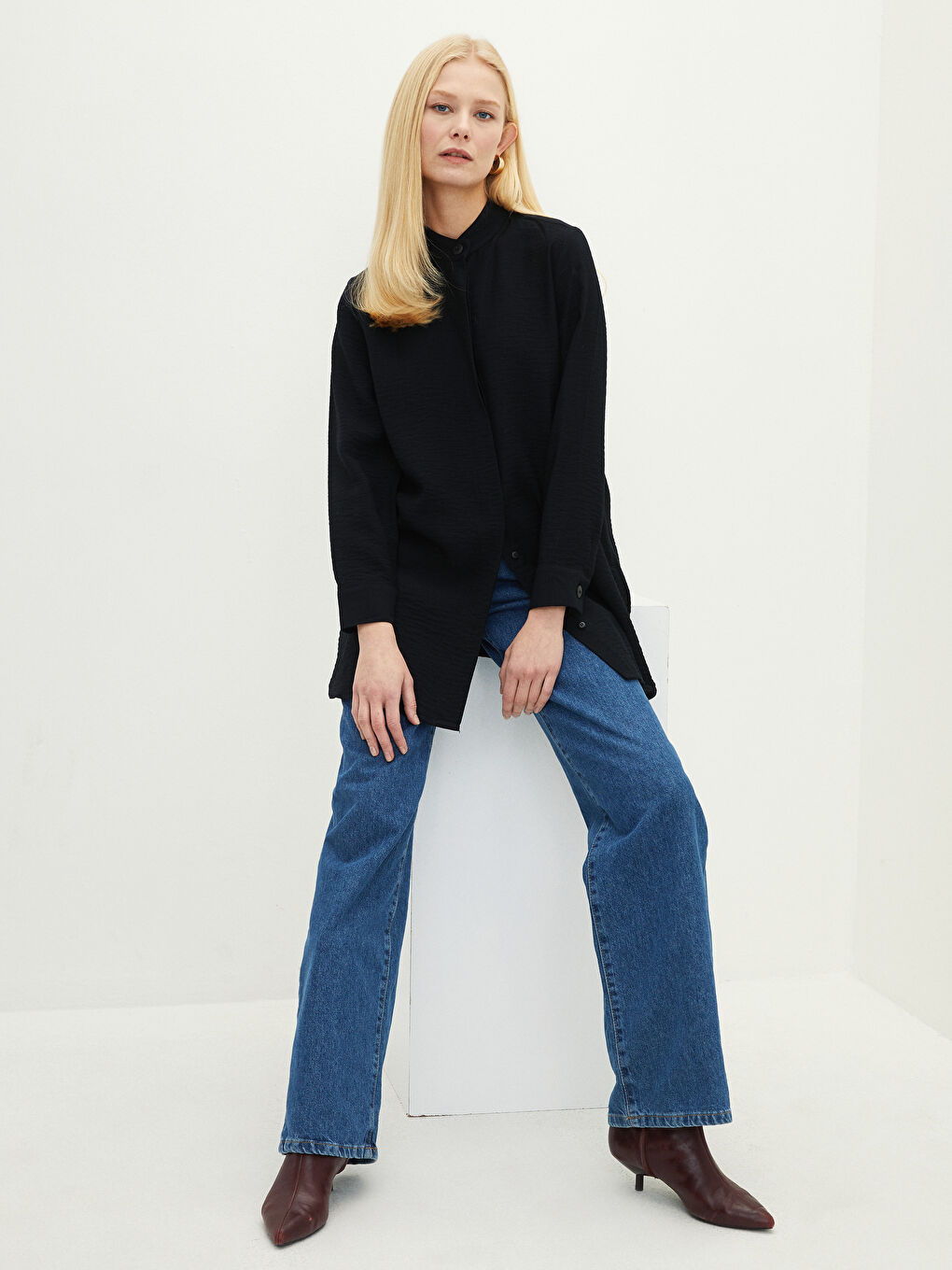 Großvaterkragen Langarm Crêpe Stoff Tunika für Damen-3