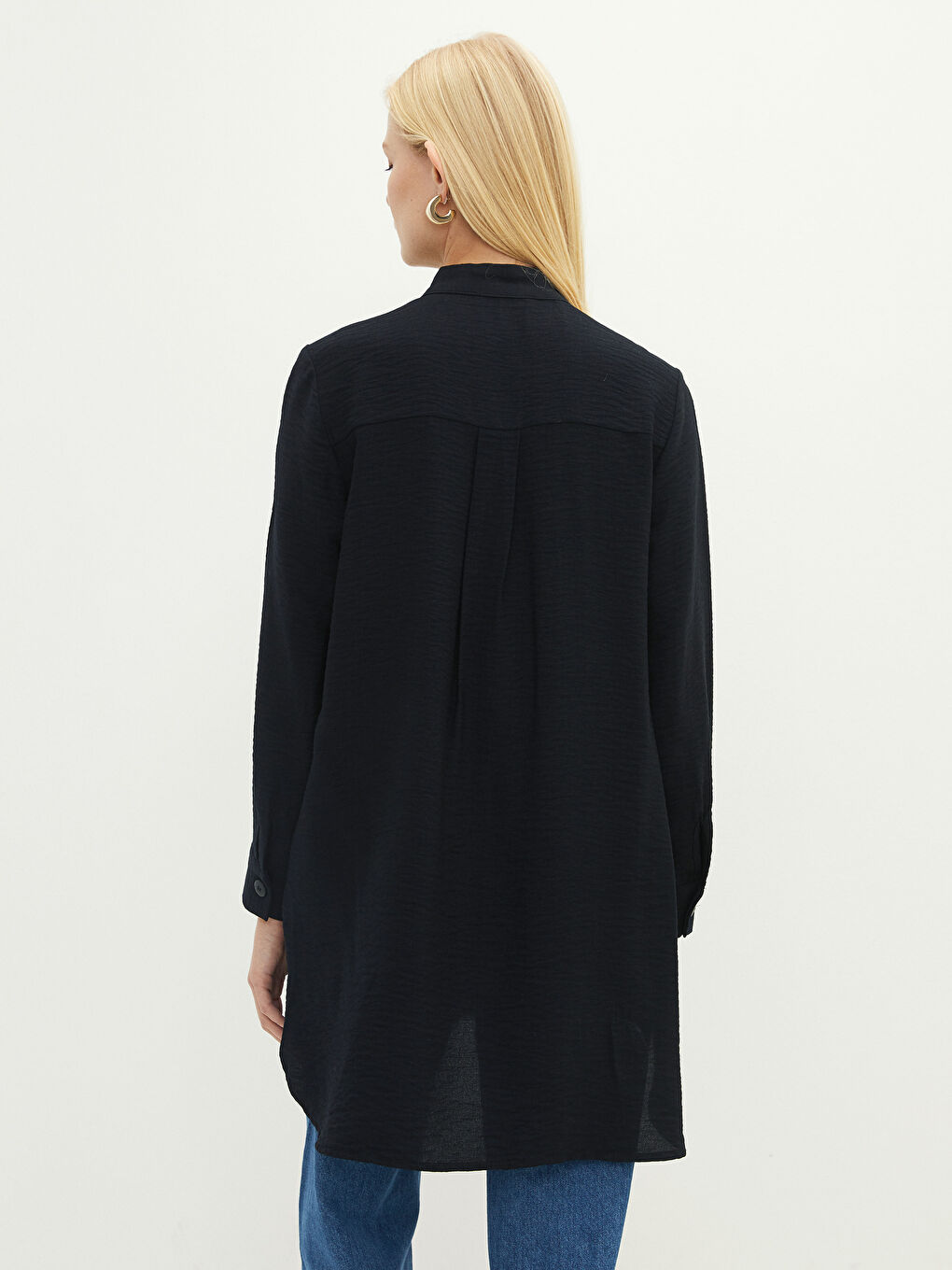 Großvaterkragen Langarm Crêpe Stoff Tunika für Damen-5