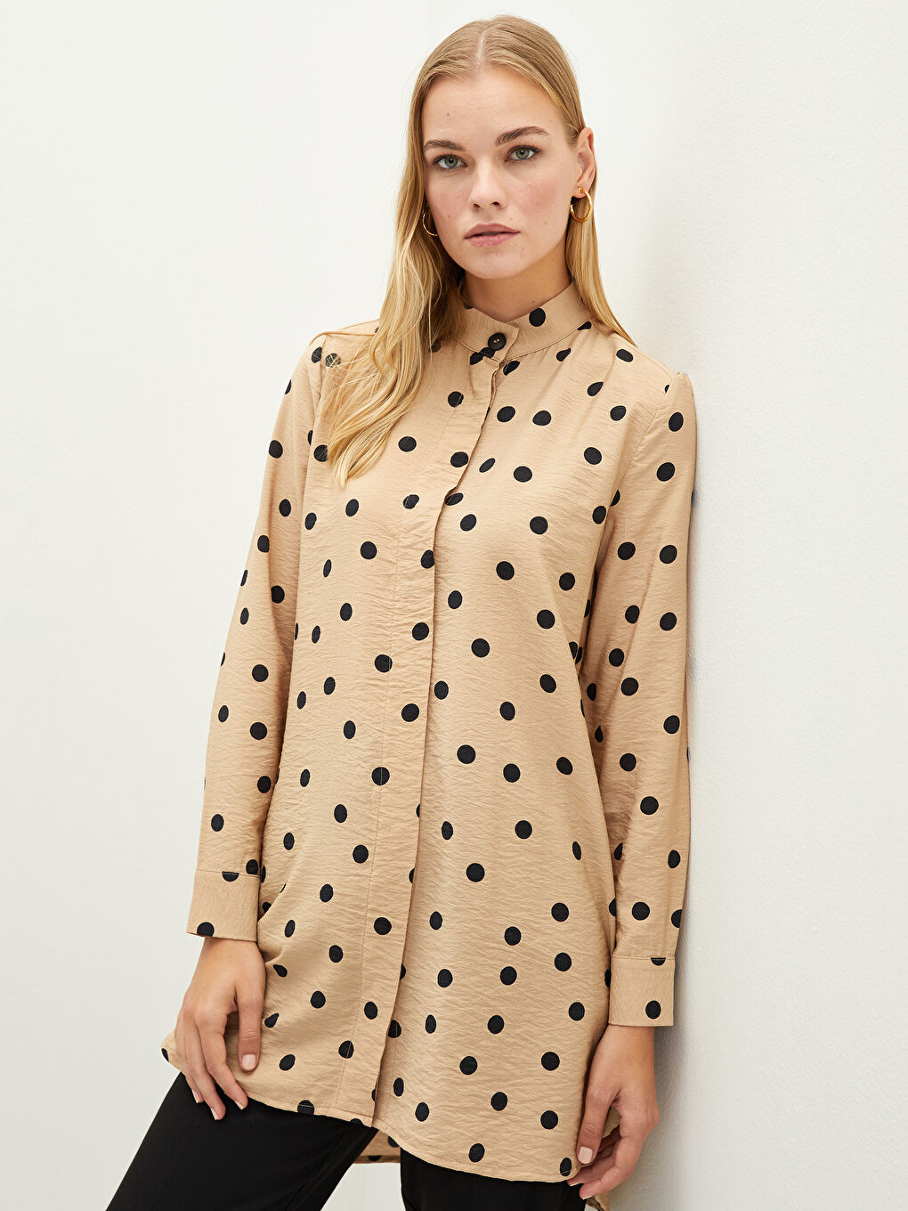 Туника с яка тип дядо, на точки, с дълъг ръкав за жени-1