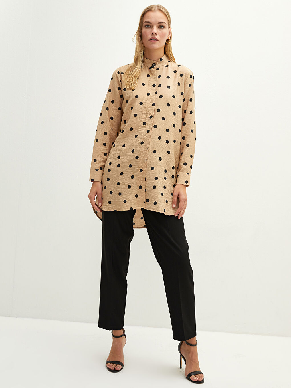 Туника с яка тип дядо, на точки, с дълъг ръкав за жени-3