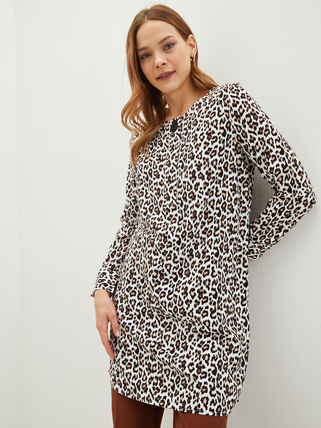 Crew Neck Patterned Long Sleeve Viscose Women's Tunic-1