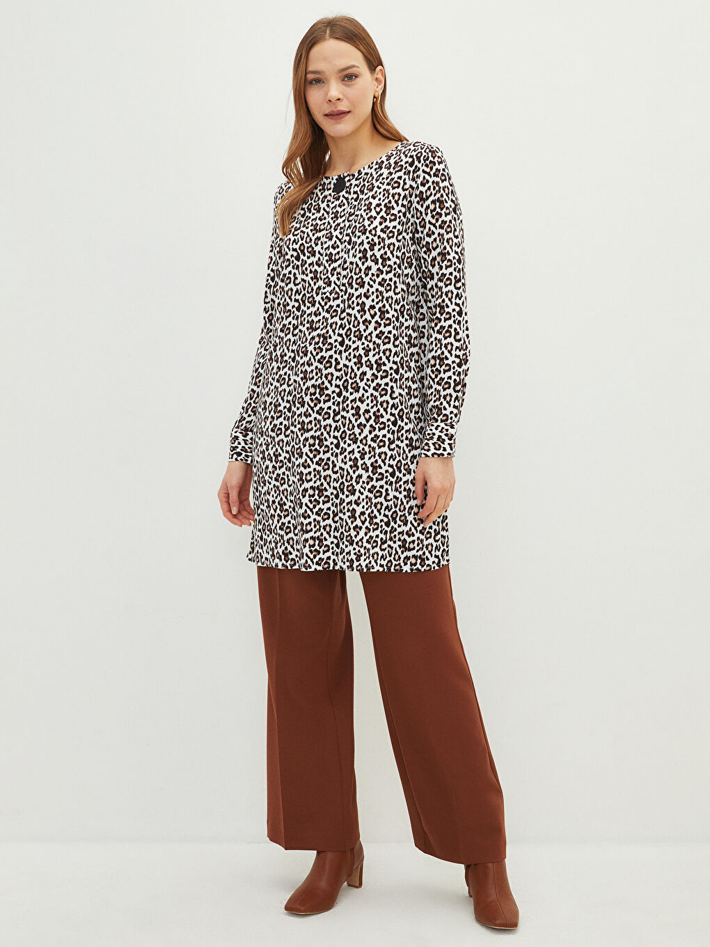 Crew Neck Patterned Long Sleeve Viscose Women's Tunic-2