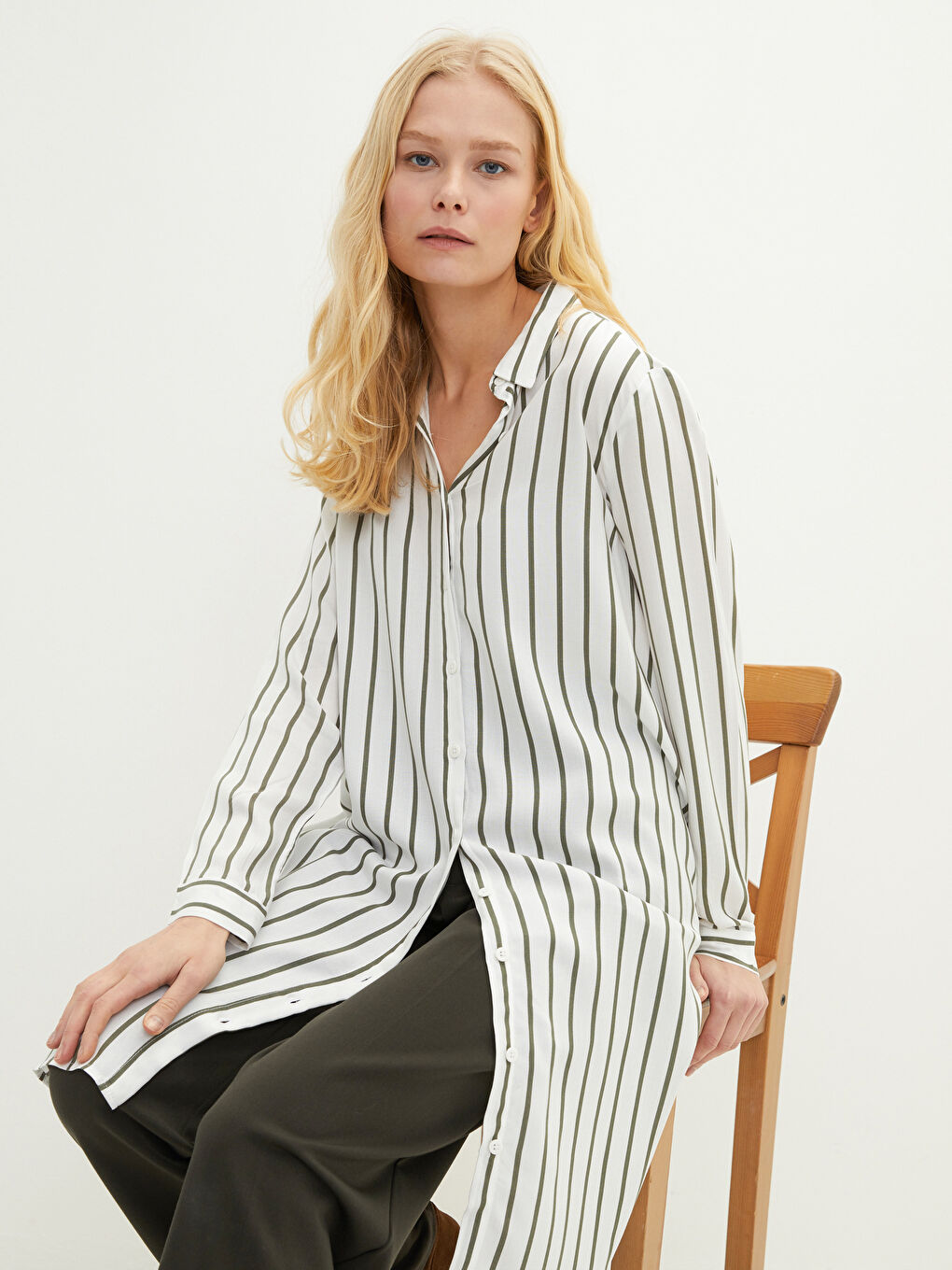 Tunique Chemise à Rayures en Viscose à Manches Longues pour Femmes