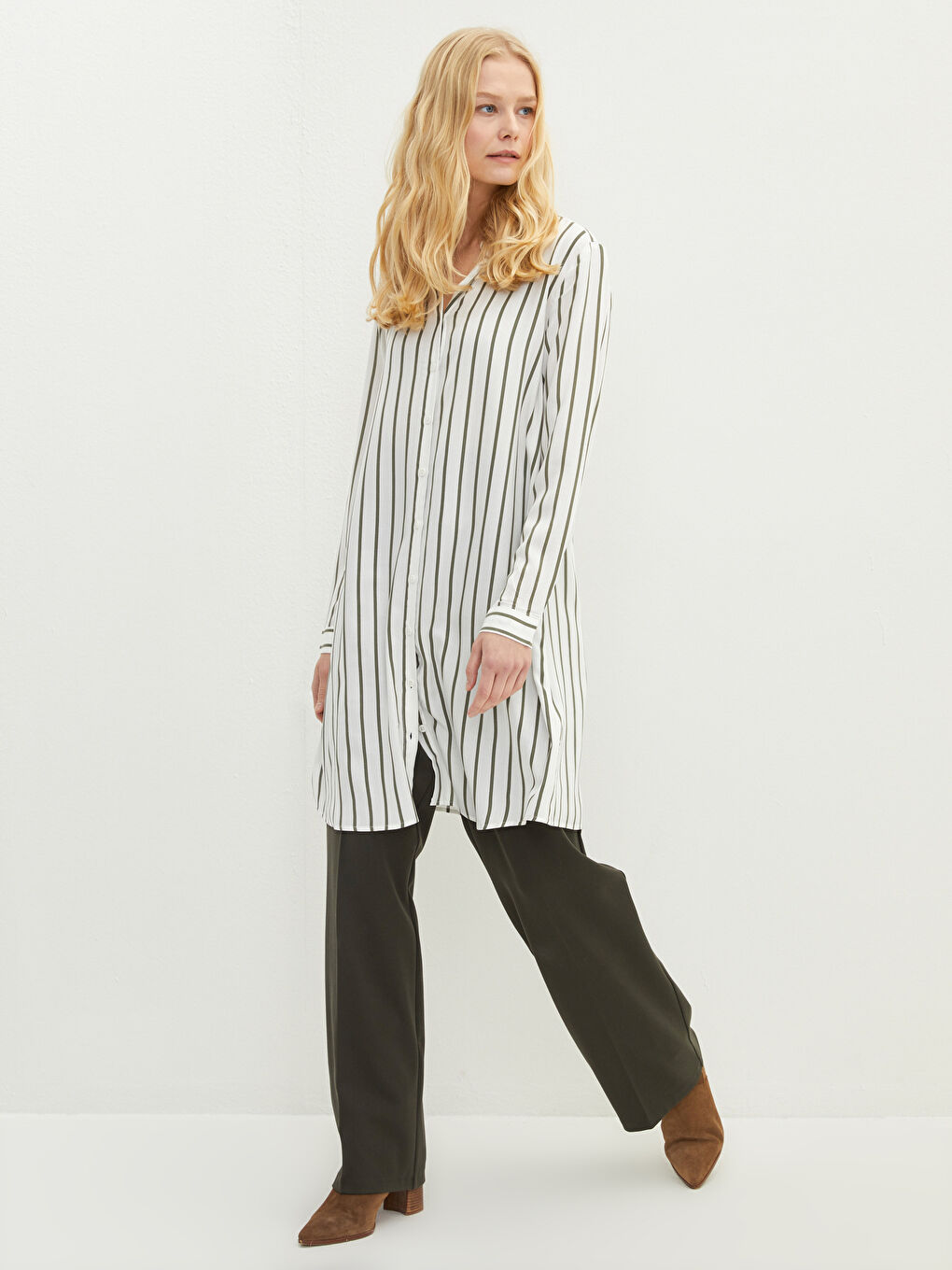 Tunique Chemise à Rayures en Viscose à Manches Longues pour Femmes-1