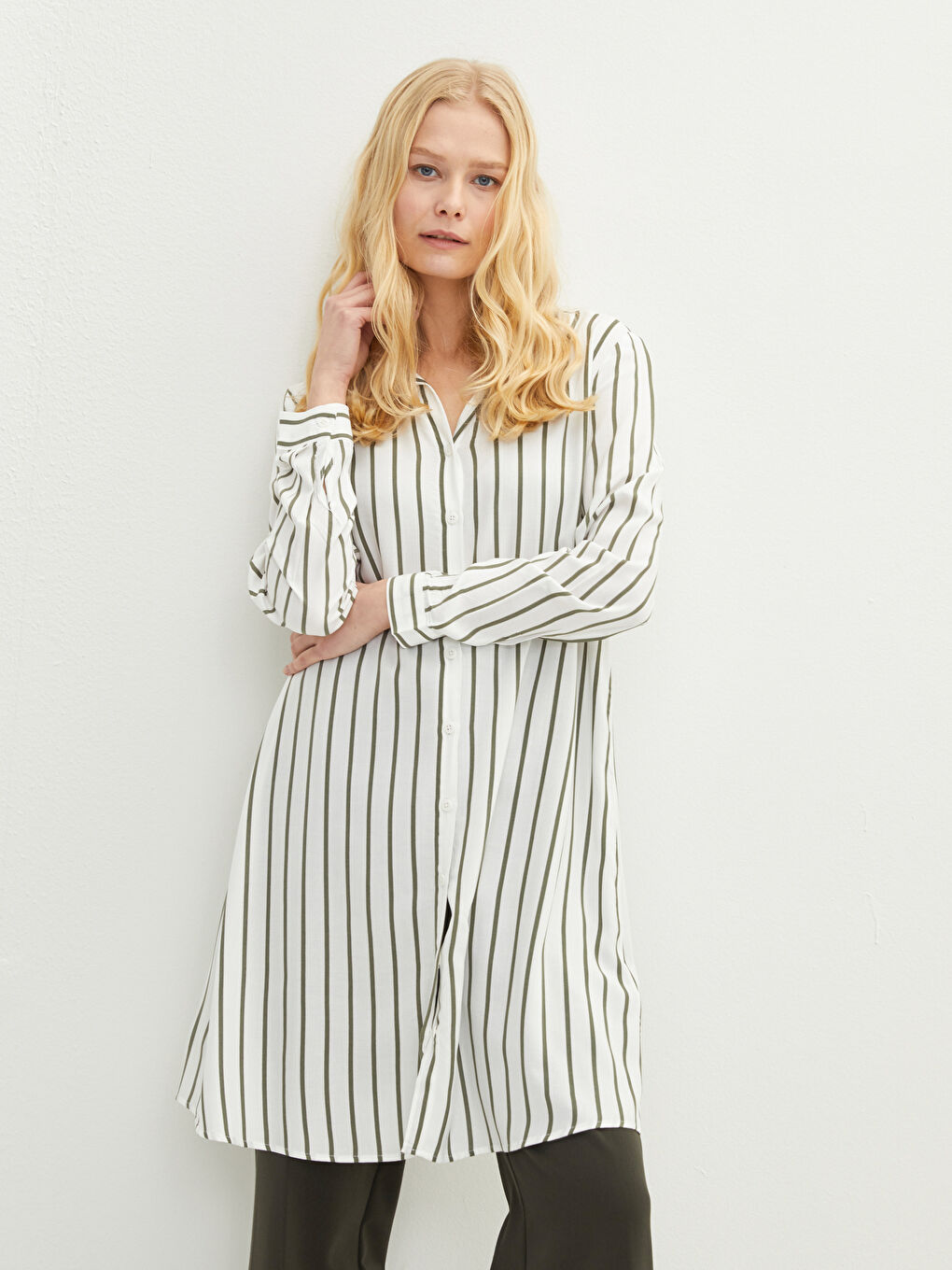 Tunique Chemise à Rayures en Viscose à Manches Longues pour Femmes-2