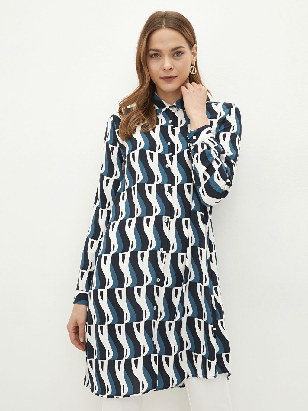 Patterned Long Sleeve Viscose Women's Shirt Tunic