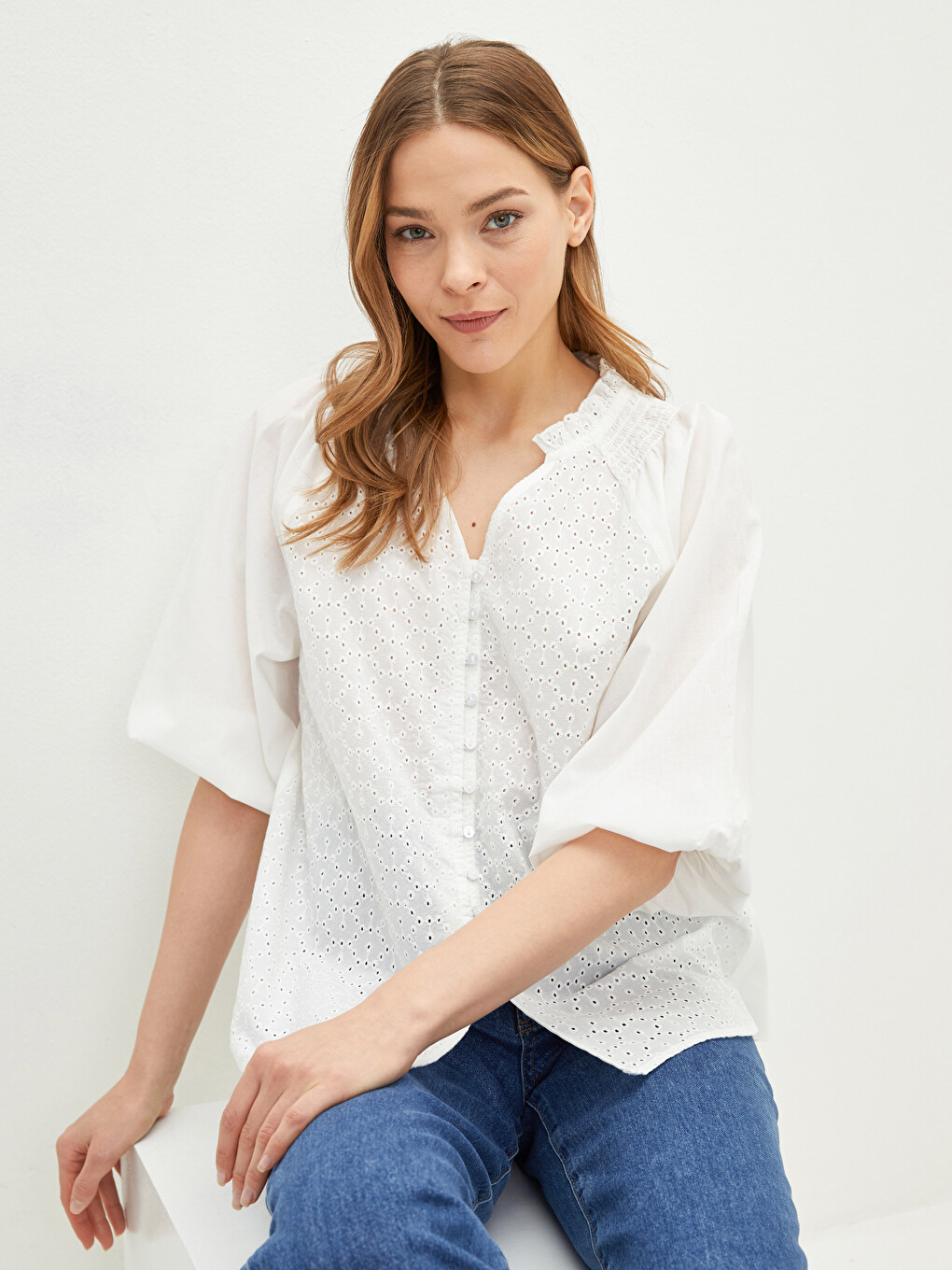 Notch Neck Embroidered Poplin Women's Blouse