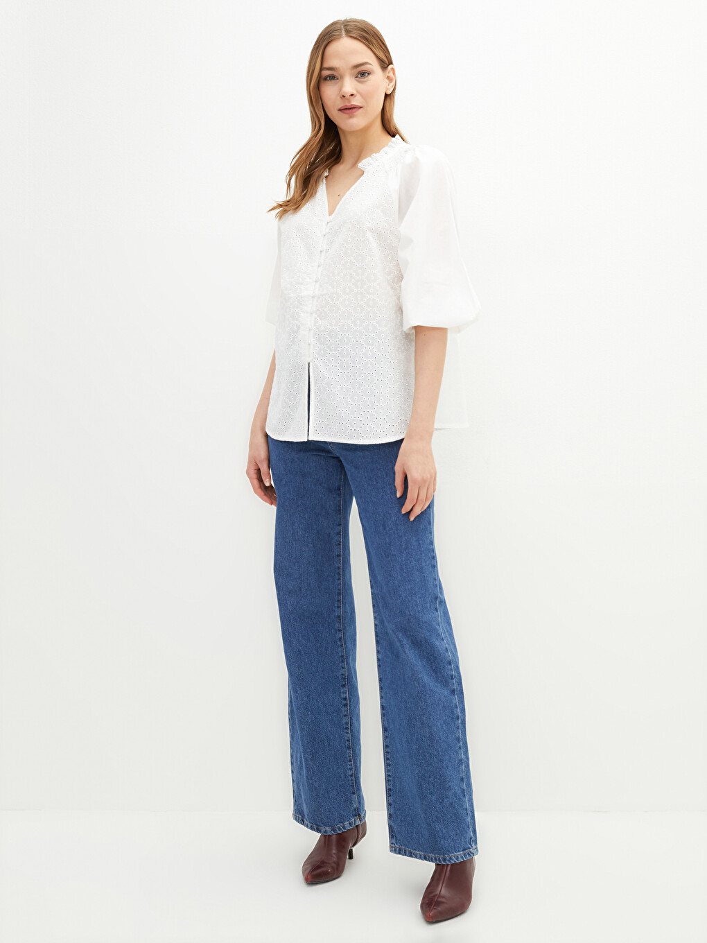 Notch Neck Embroidered Poplin Women's Blouse-1