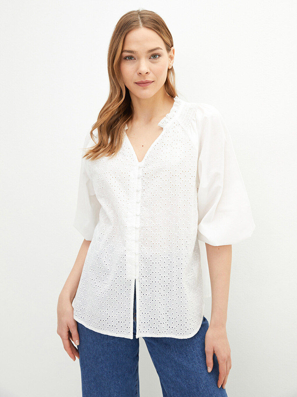 Notch Neck Embroidered Poplin Women's Blouse-2