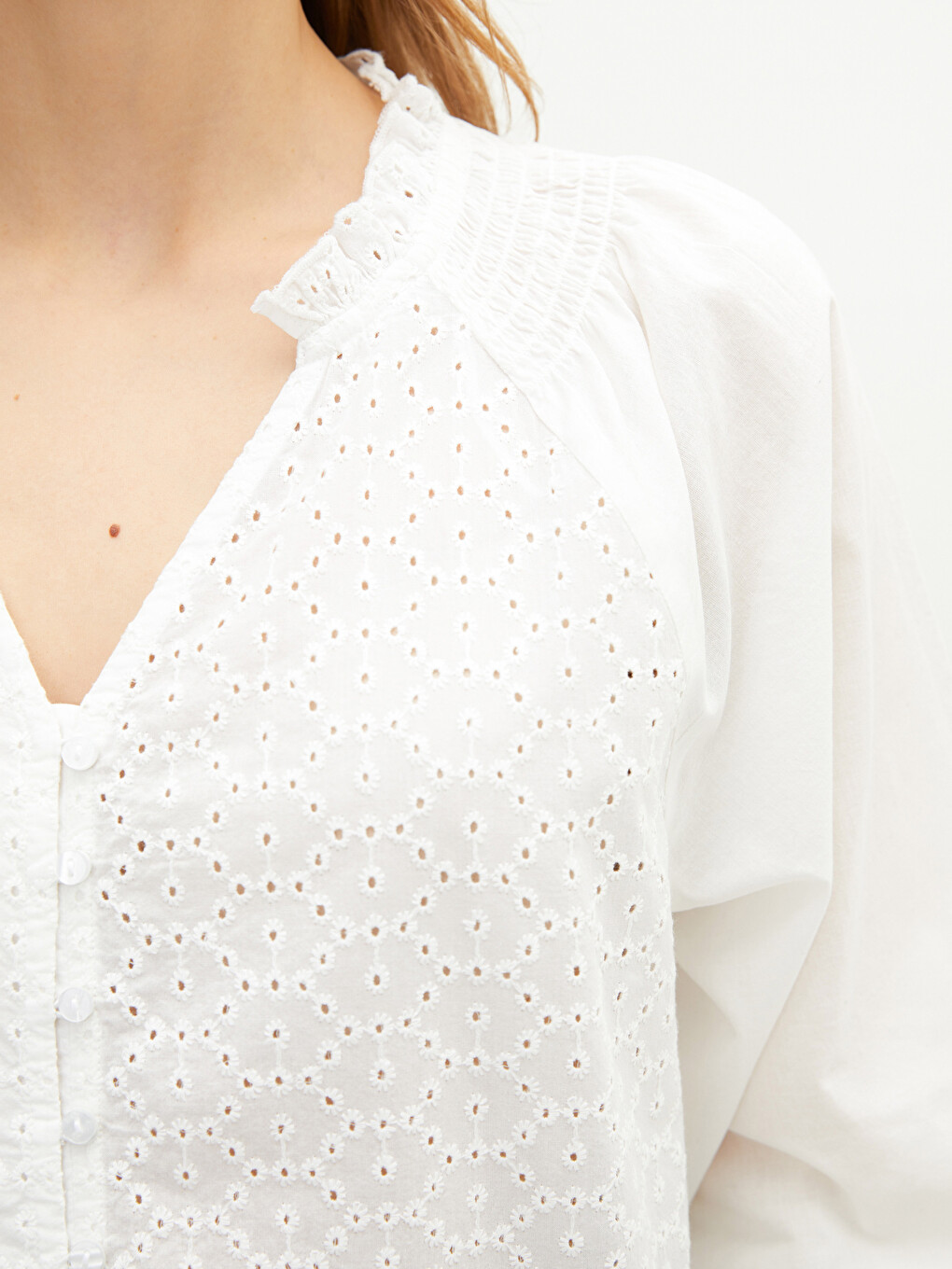 Notch Neck Embroidered Poplin Women's Blouse-3