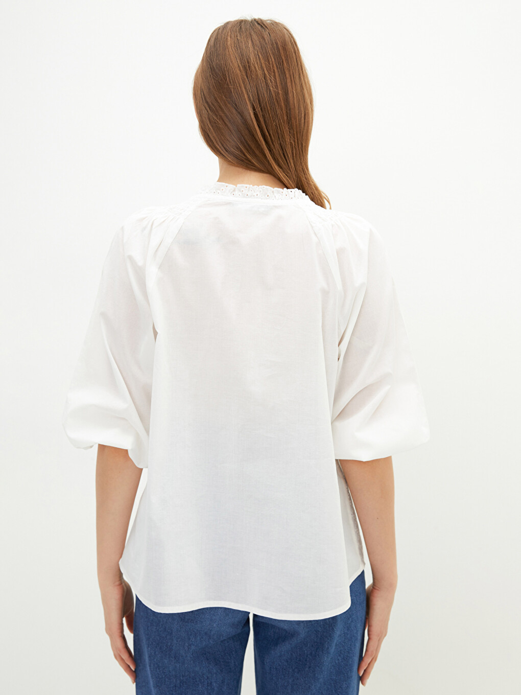 Notch Neck Embroidered Poplin Women's Blouse-4