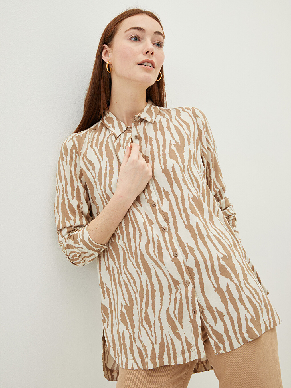 Front Button Closure Patterned Long Sleeve Viscose Women's Shirt