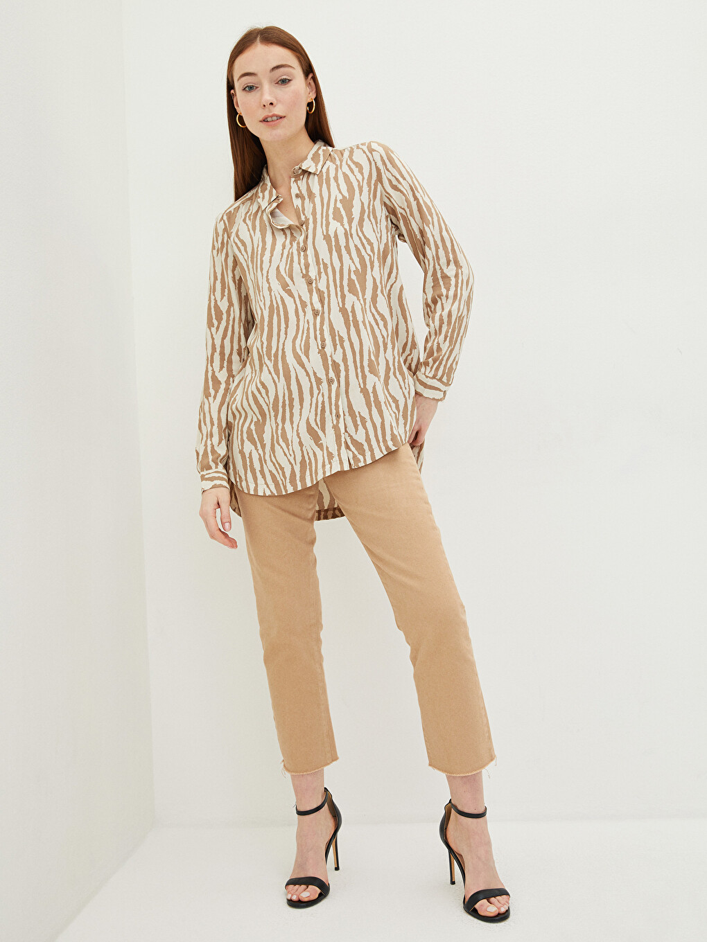Front Button Closure Patterned Long Sleeve Viscose Women's Shirt-1