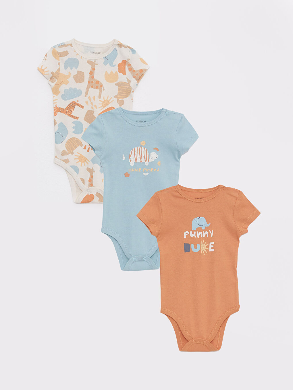 Crew Neck Short Sleeve Cotton Baby Boy Snap Body 3 Pieces