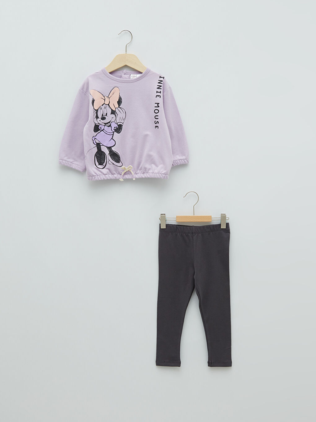 Lila Bisiklet Yaka Uzun Kollu Minnie Mouse Baskılı Kız Bebek Sweatshirt ve Tayt 2'li Takım
