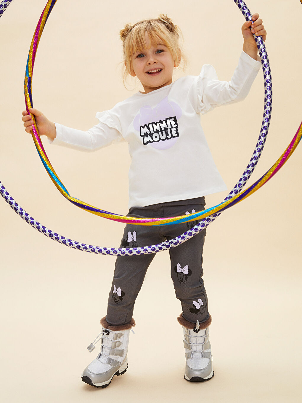 Ekru Bisiklet Yaka Uzun Kollu Minnie Mouse Baskılı Kız Bebek Sweatshirt