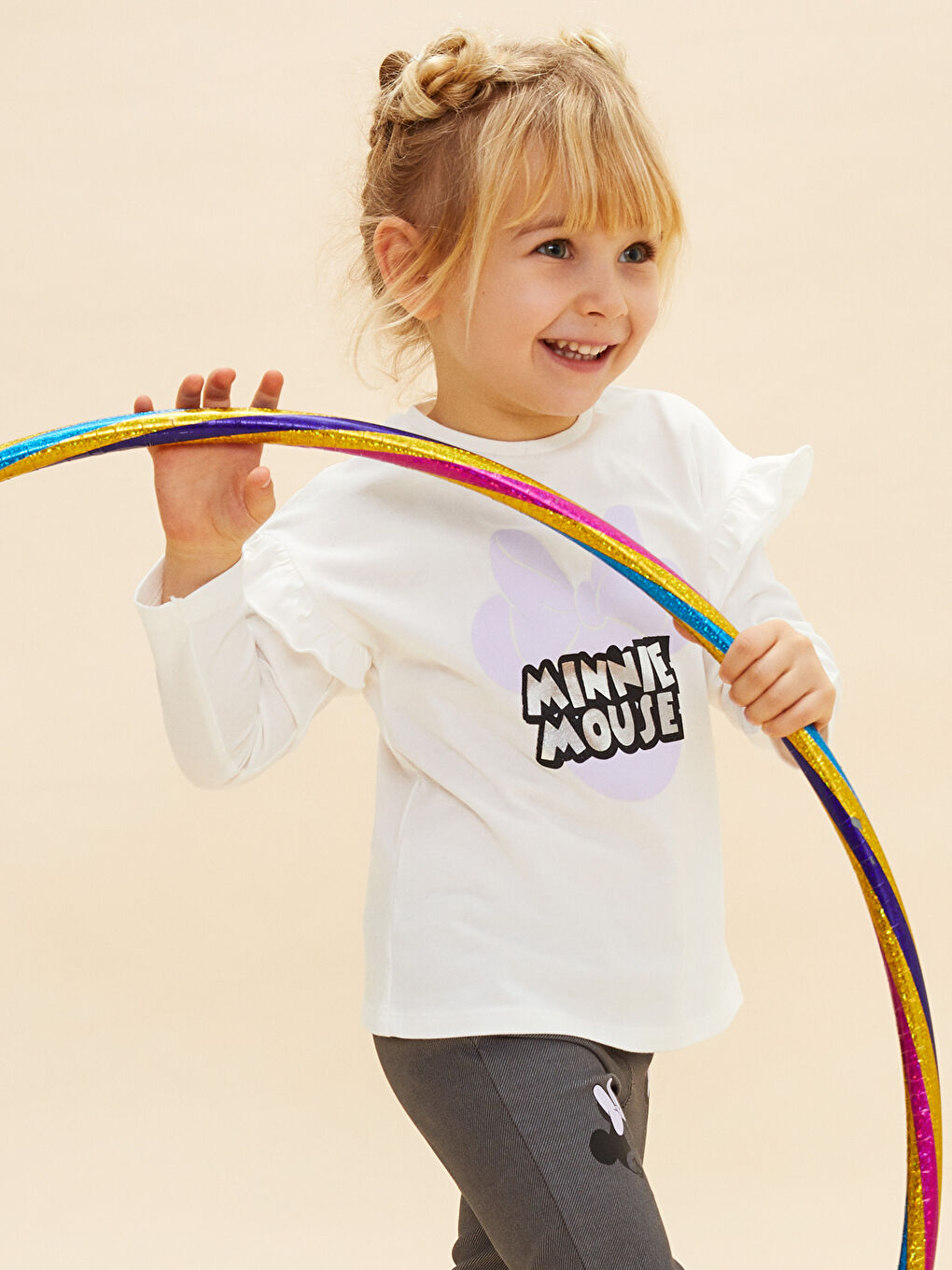 Ekru Bisiklet Yaka Uzun Kollu Minnie Mouse Baskılı Kız Bebek Sweatshirt-2