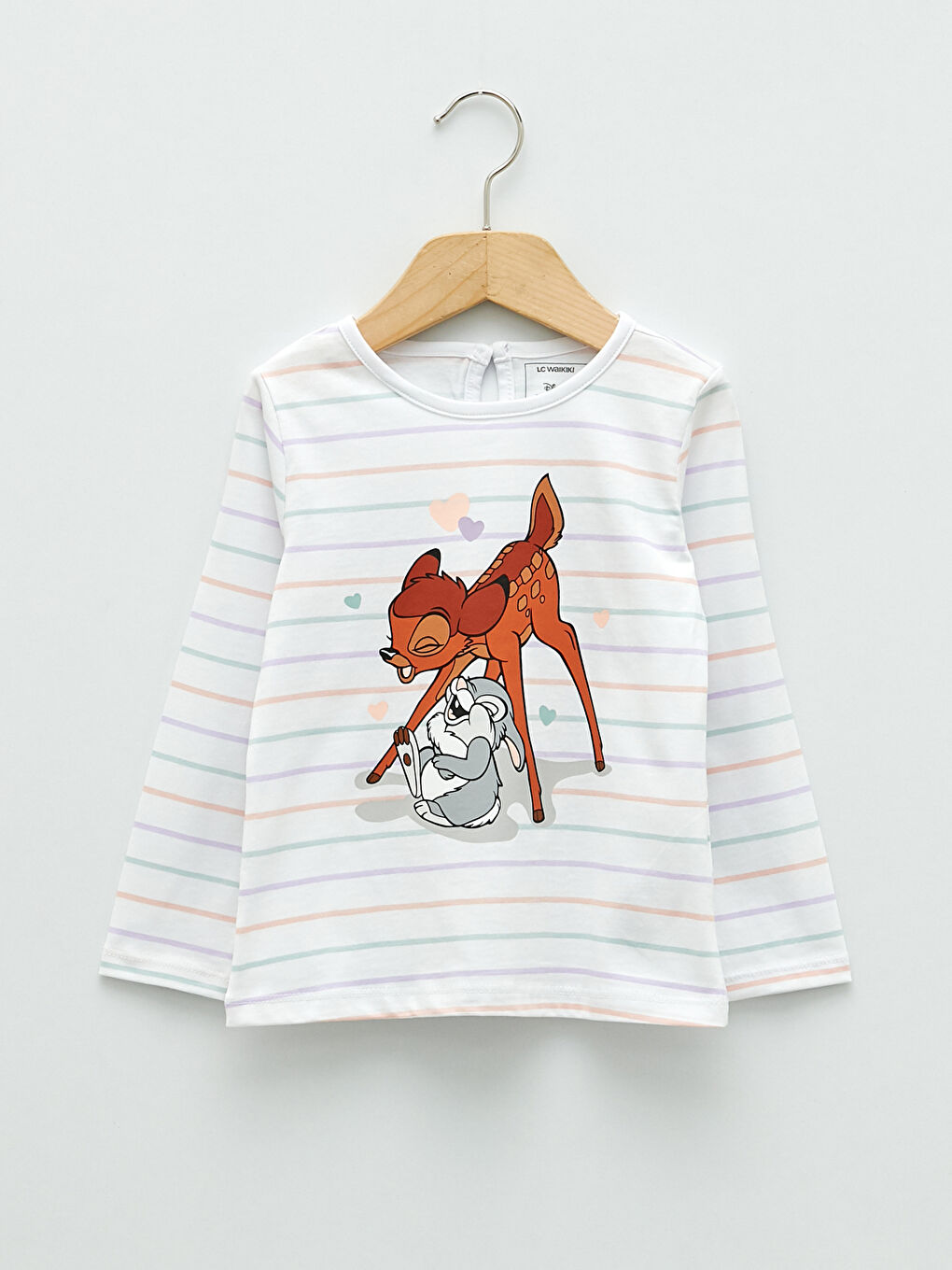 Ekru Bisiklet Yaka Uzun Kollu Bambi Baskılı Pamuklu Kız Bebek Tişört